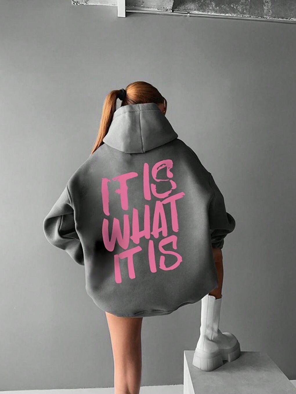Gri Kadın Füme It Is Baskılı Oversize Kapüşonlu Sweatshirt Hoodie