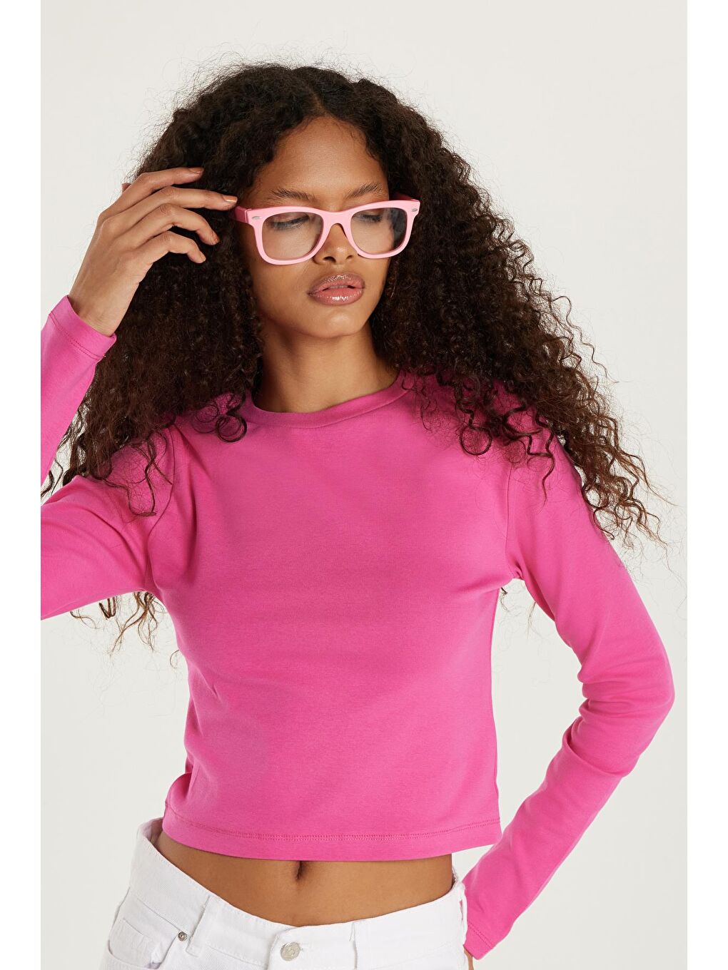 Kadın Slim Fit Pamuklu Uzun Kol Düz Bisiklet Yaka Fuşya Bluz-3