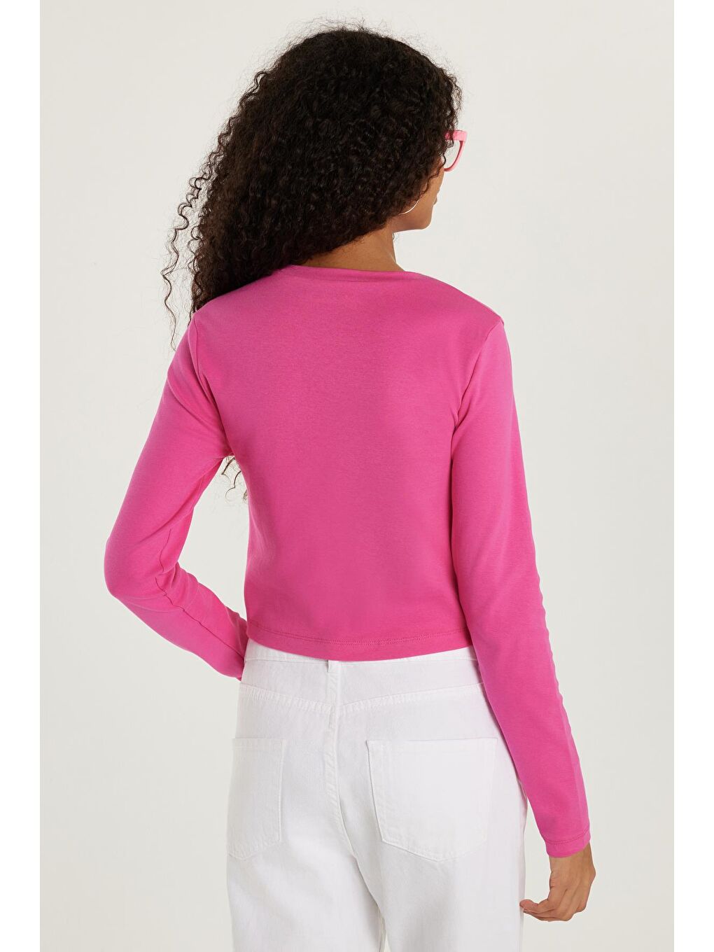 Kadın Slim Fit Pamuklu Uzun Kol Düz Bisiklet Yaka Fuşya Bluz-4