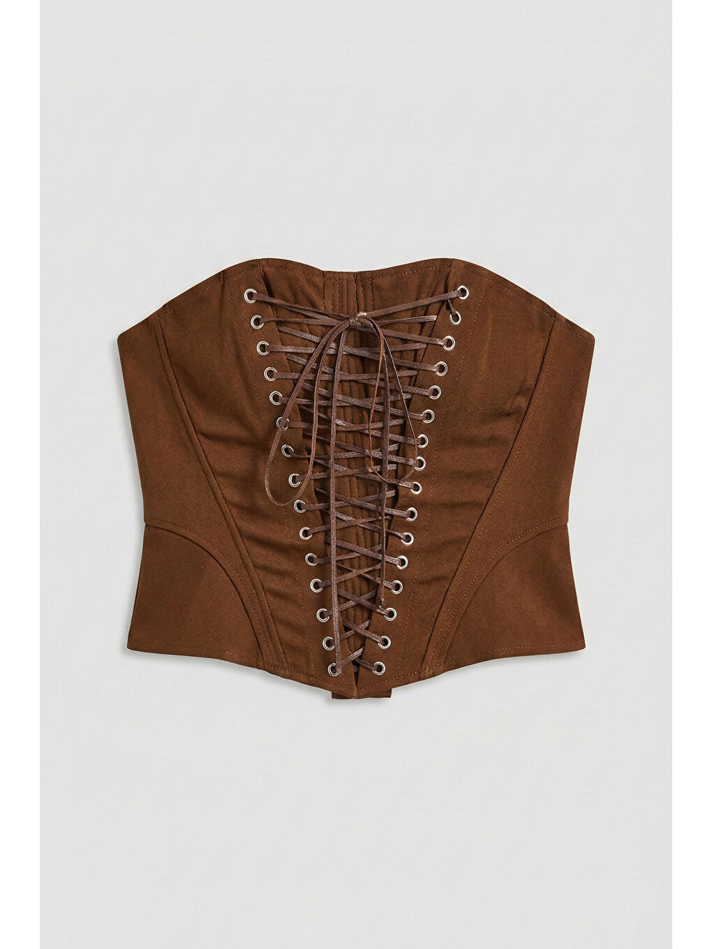 Kadın Kahverengi w5 Crop Kuş Gözü ve Bağcık Detaylı Straplez Özel Tasarım Büstiyer-1