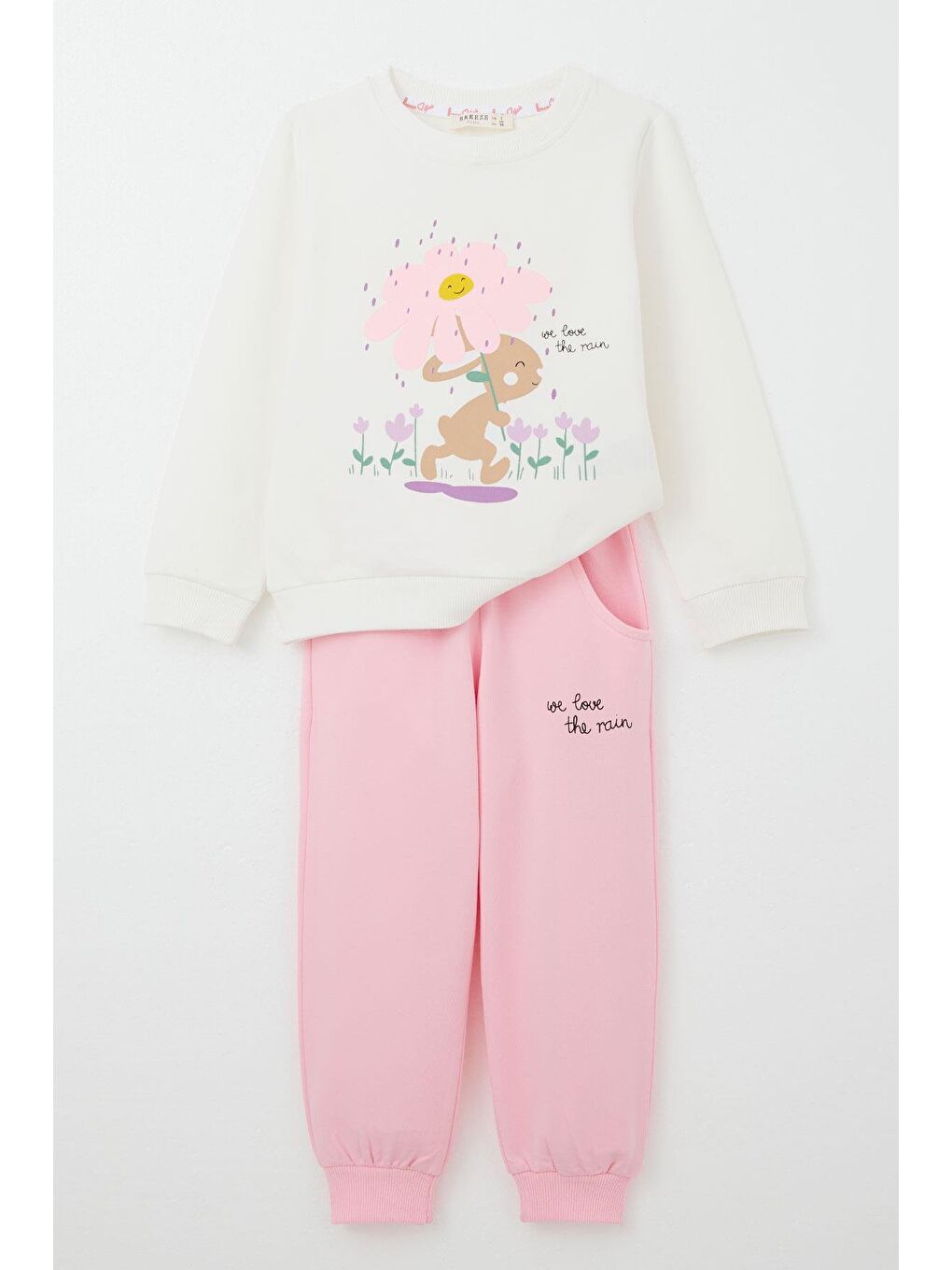 Kız Bebek Eşofman Takım Yağmur Temalı Sevimli Tavşancık Baskılı Ekru (1-1.5 Yaş)