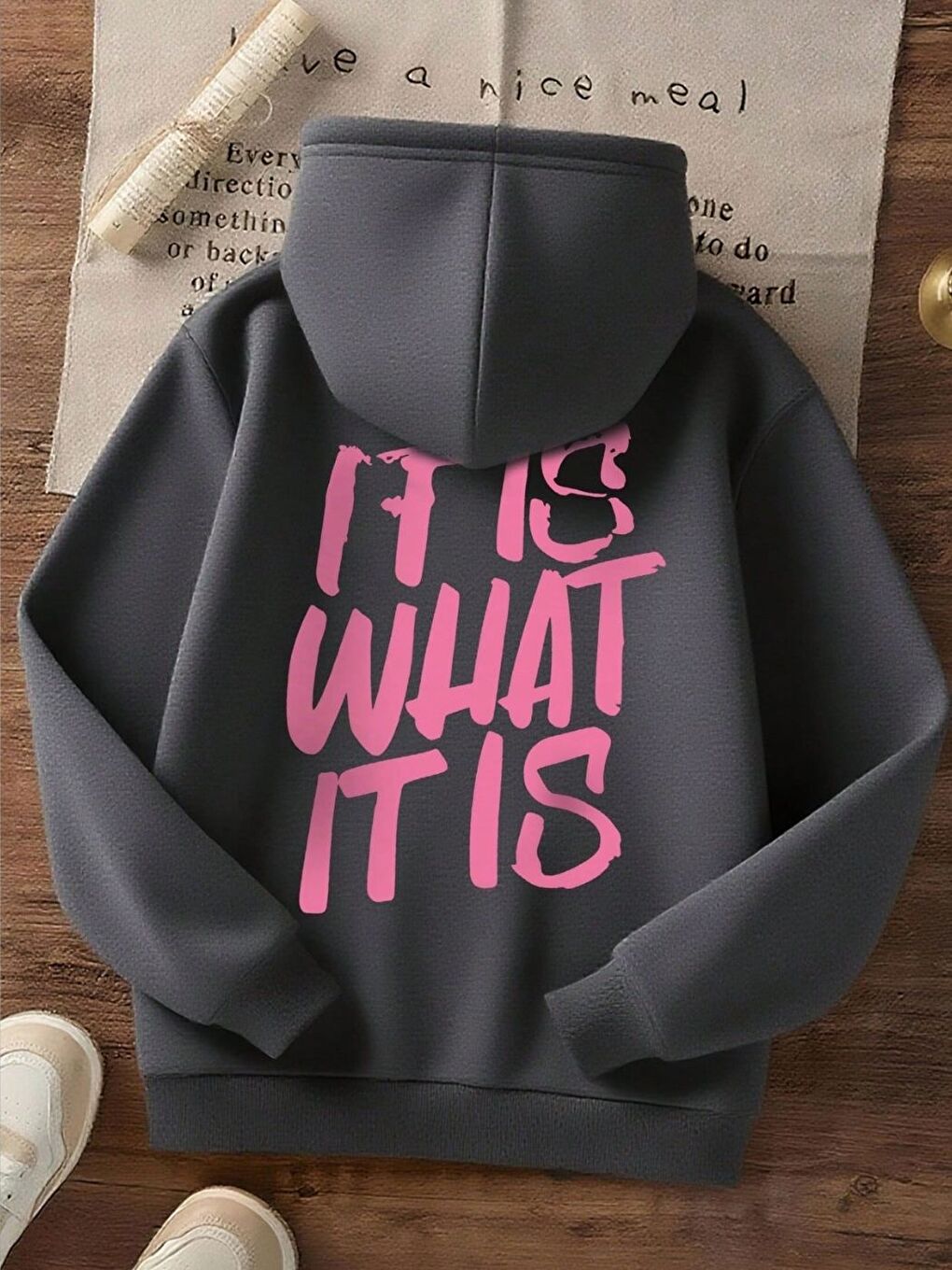 Gri Kadın Füme It Is Baskılı Oversize Kapüşonlu Sweatshirt Hoodie-1
