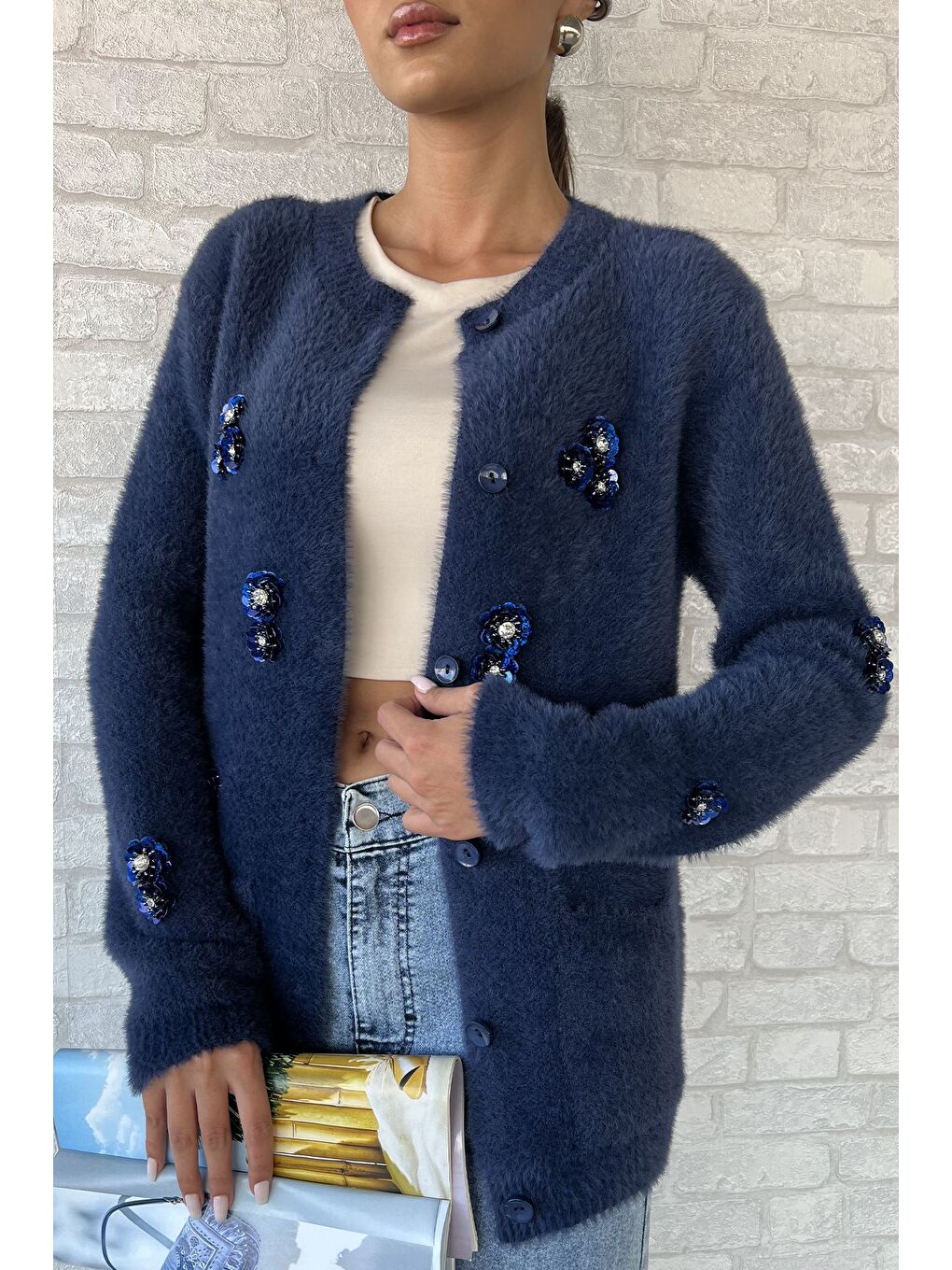 Lacivert Kadın Pul İşlemeli Yumoş İplik Triko Ceket-2