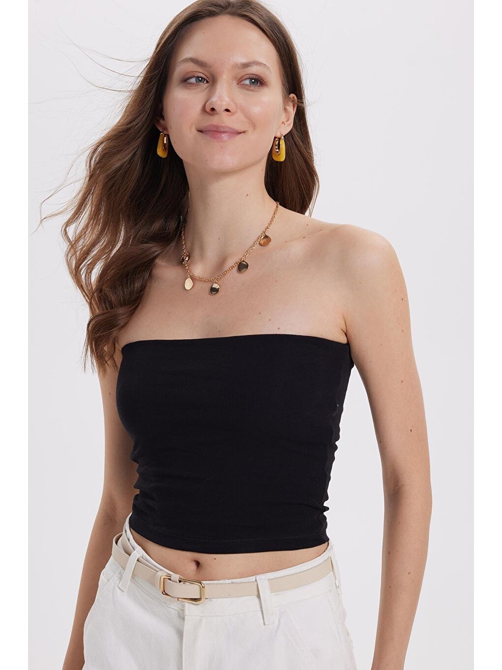 Kadın Slim Fit Dar Kesim Pamuklu Straplez Siyah Bluz-1