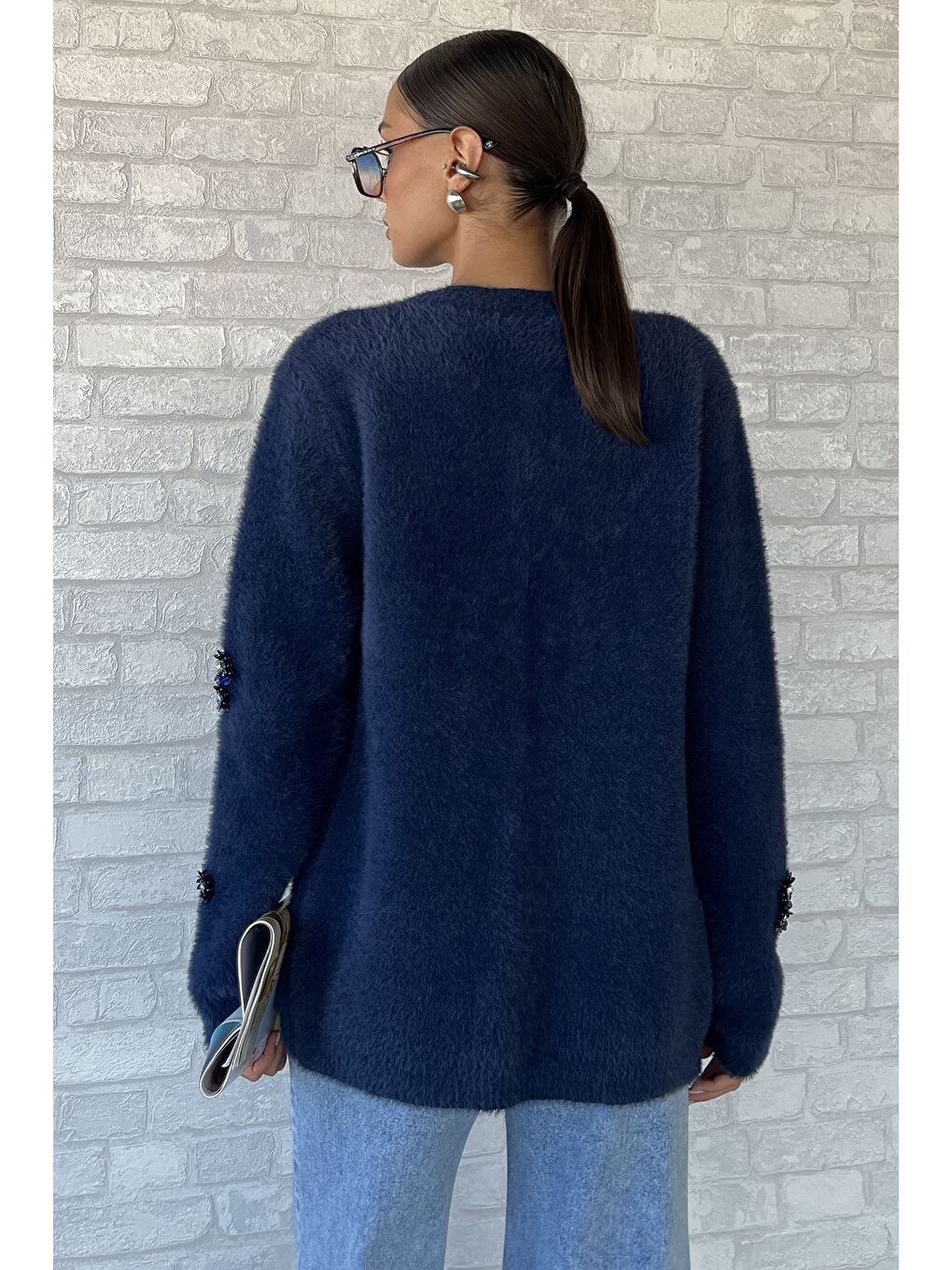 Lacivert Kadın Pul İşlemeli Yumoş İplik Triko Ceket-3