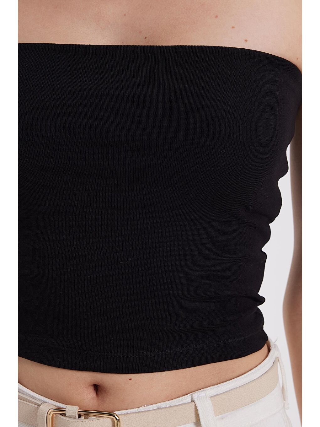 Kadın Slim Fit Dar Kesim Pamuklu Straplez Siyah Bluz-3