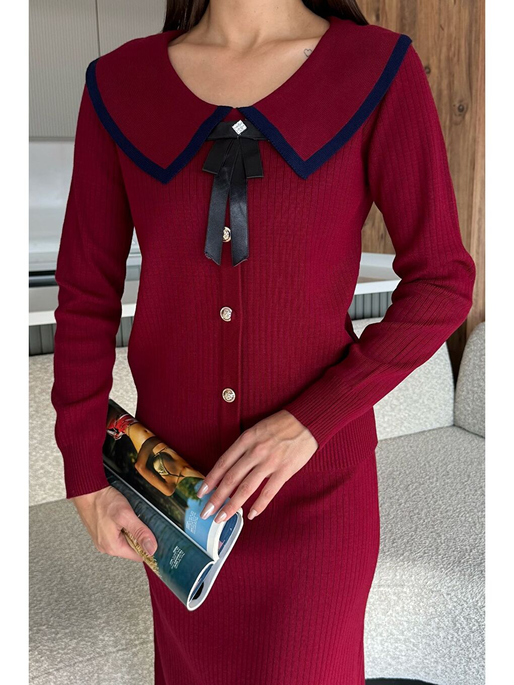 Bordo Bebe Yaka Hırka Görünümlü Bluz Etek Triko İkili Takım-1