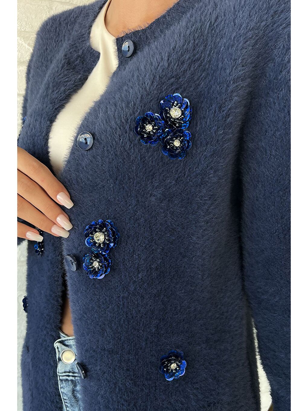 Lacivert Kadın Pul İşlemeli Yumoş İplik Triko Ceket-4