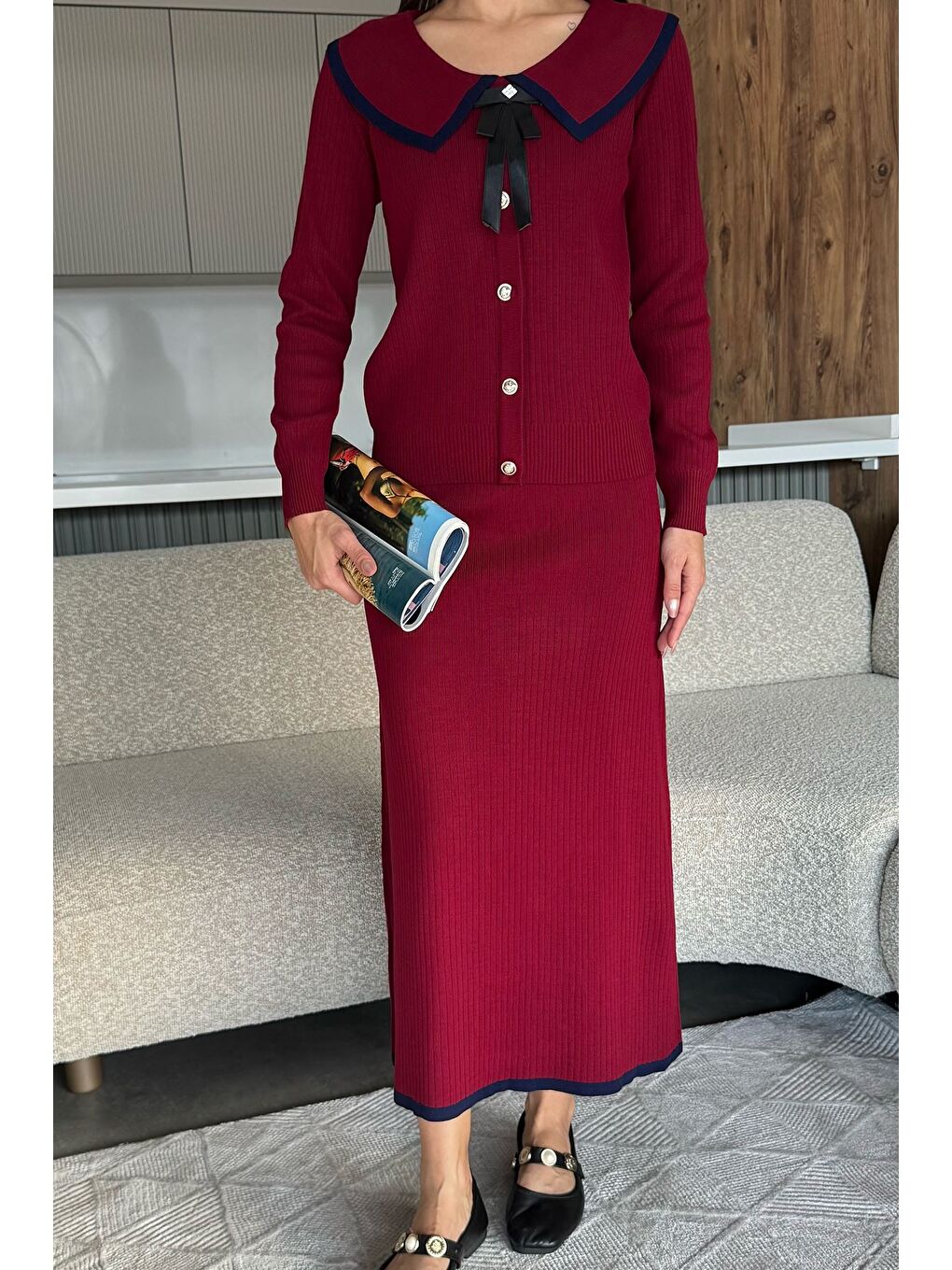 Bordo Bebe Yaka Hırka Görünümlü Bluz Etek Triko İkili Takım-2