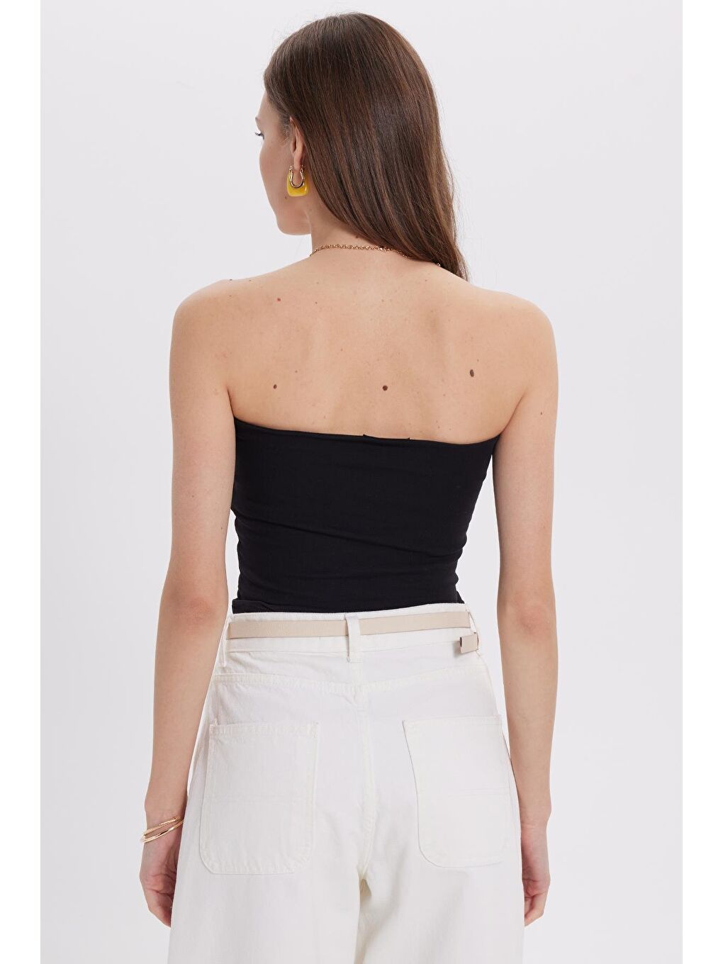 Kadın Slim Fit Dar Kesim Pamuklu Straplez Siyah Bluz-5