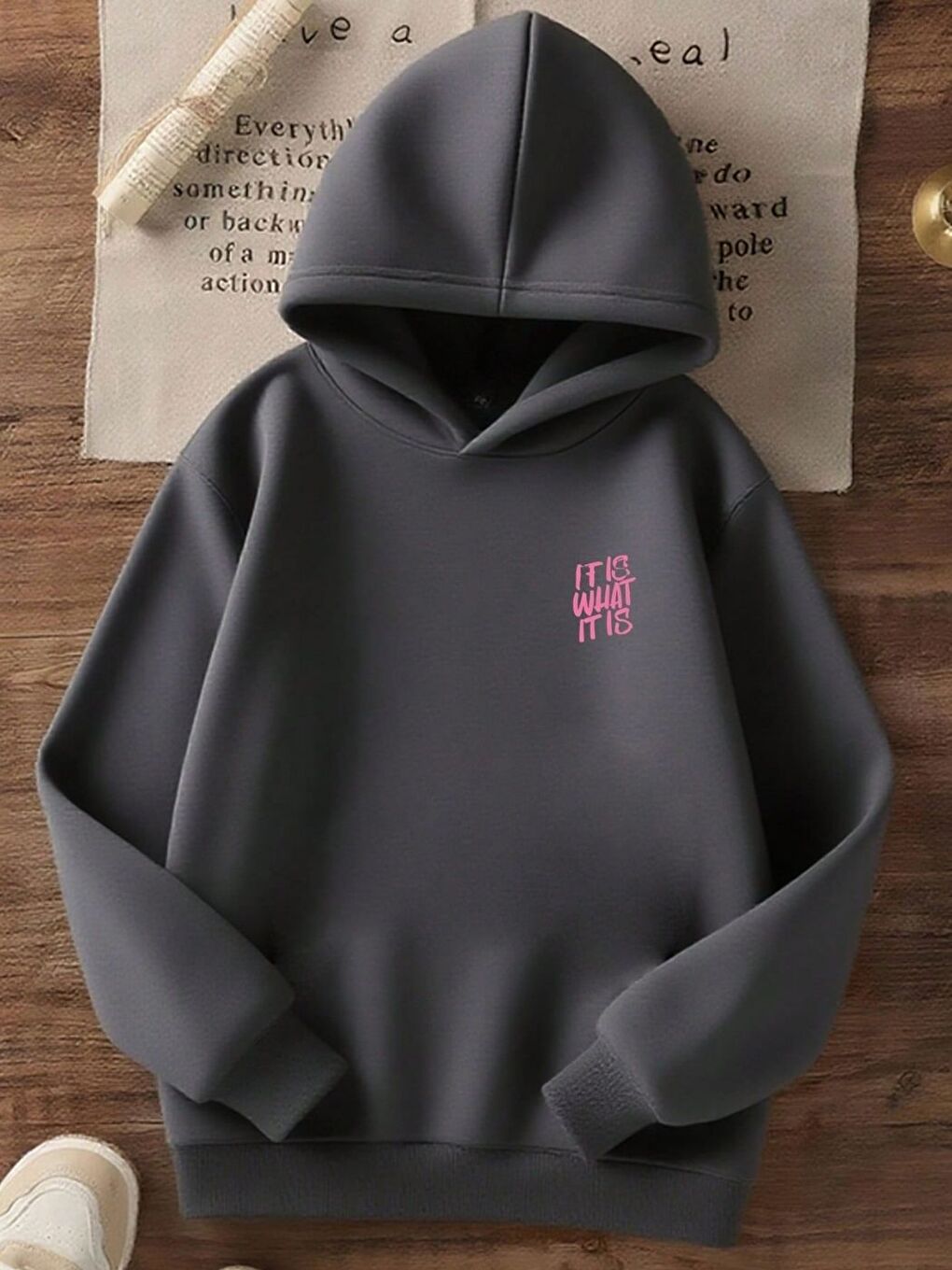 Gri Kadın Füme It Is Baskılı Oversize Kapüşonlu Sweatshirt Hoodie-2