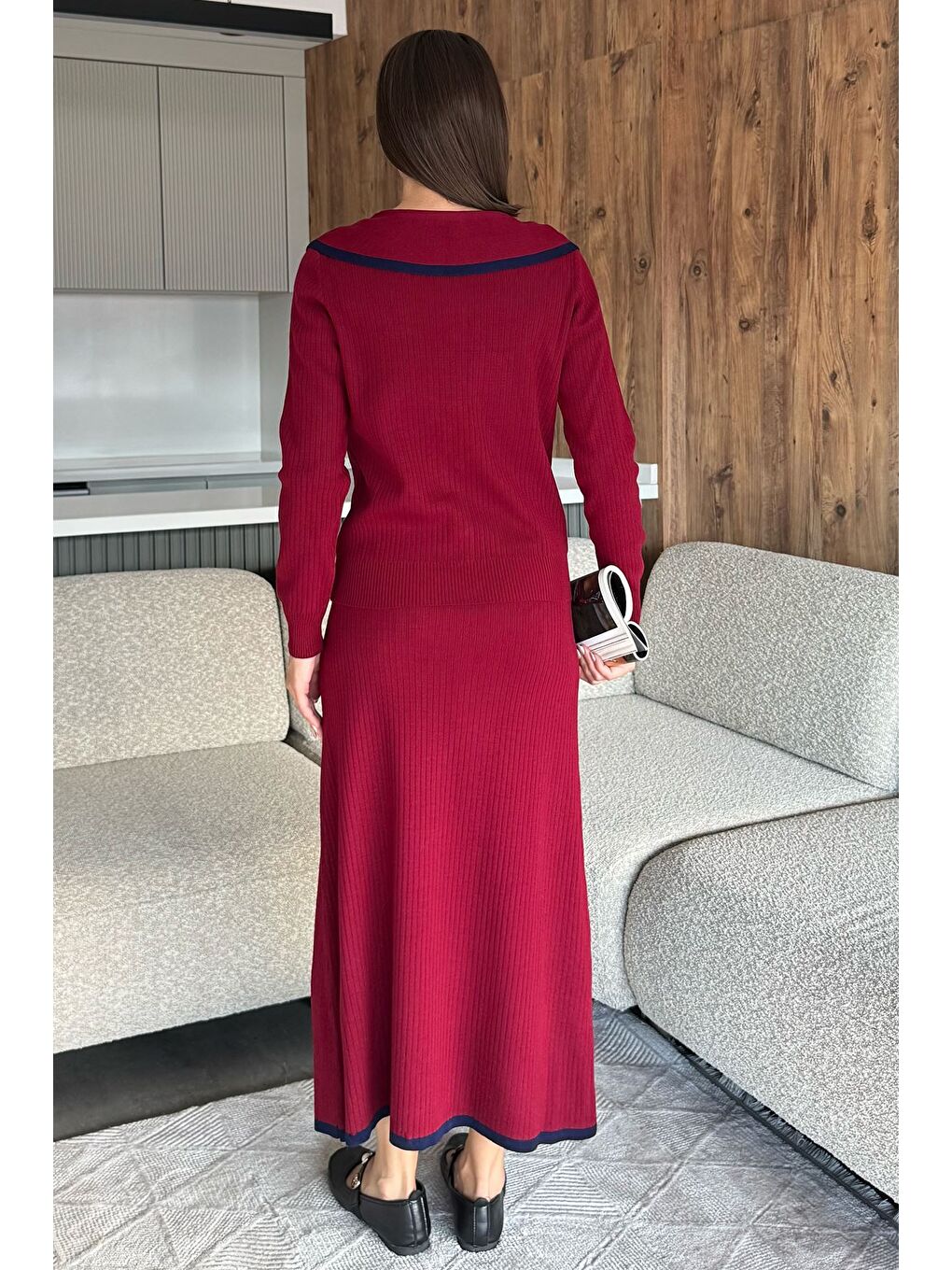 Bordo Bebe Yaka Hırka Görünümlü Bluz Etek Triko İkili Takım-3