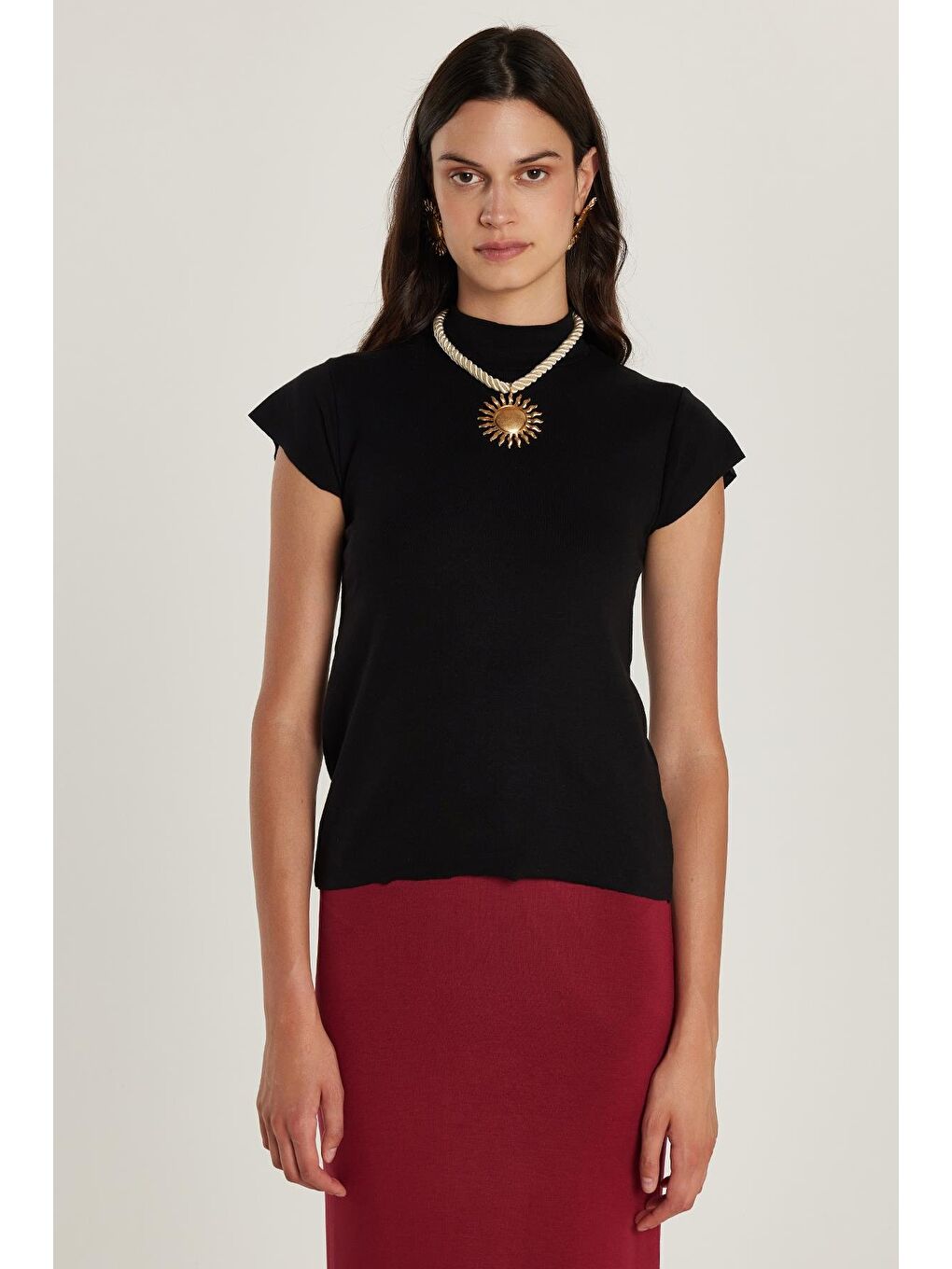 Kadın Modal Kumaş Standart Fit Dik Yaka Siyah Bluz-1