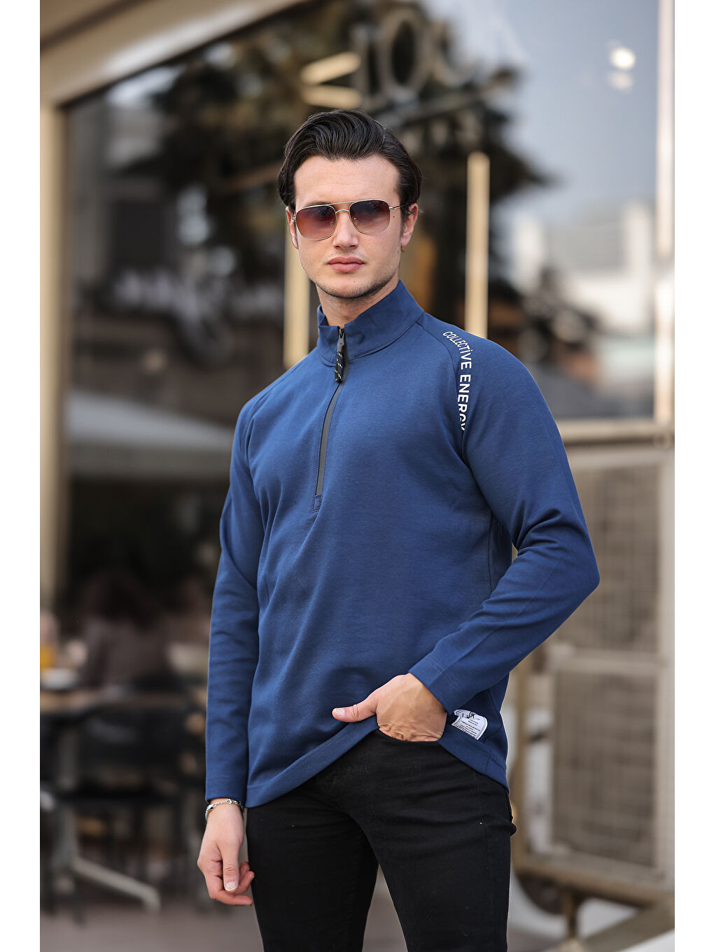 comstar Lacivert Erkek Yarım Fermuarlı Baskılı  Sweatshirt