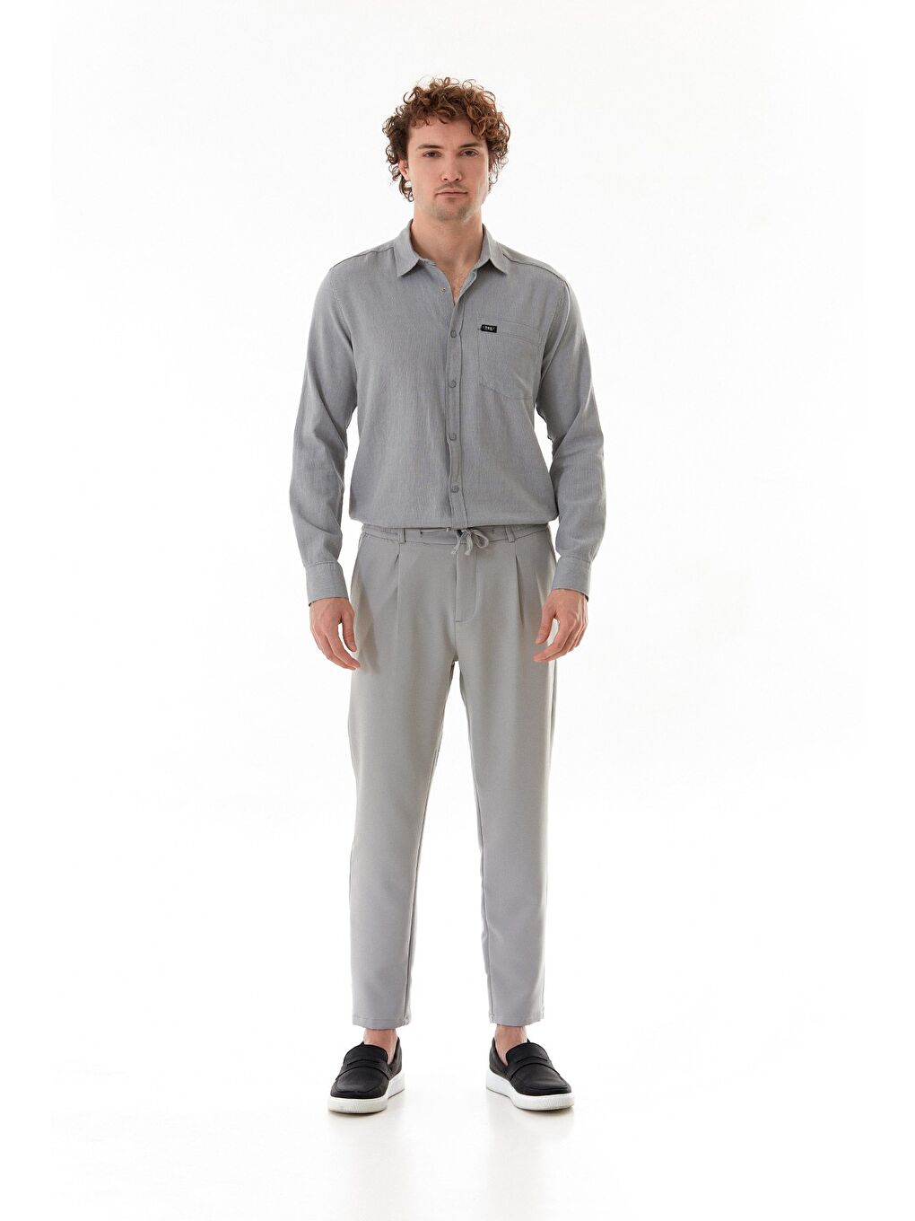 Gri Beli Lastikli Bağlamalı Regular Fit Erkek Pantolon-1