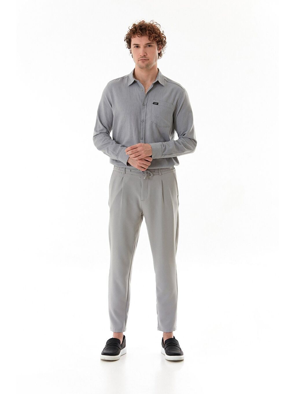 Gri Beli Lastikli Bağlamalı Regular Fit Erkek Pantolon-2