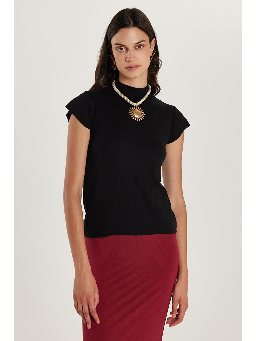 Kadın Modal Kumaş Standart Fit Dik Yaka Siyah Bluz-3