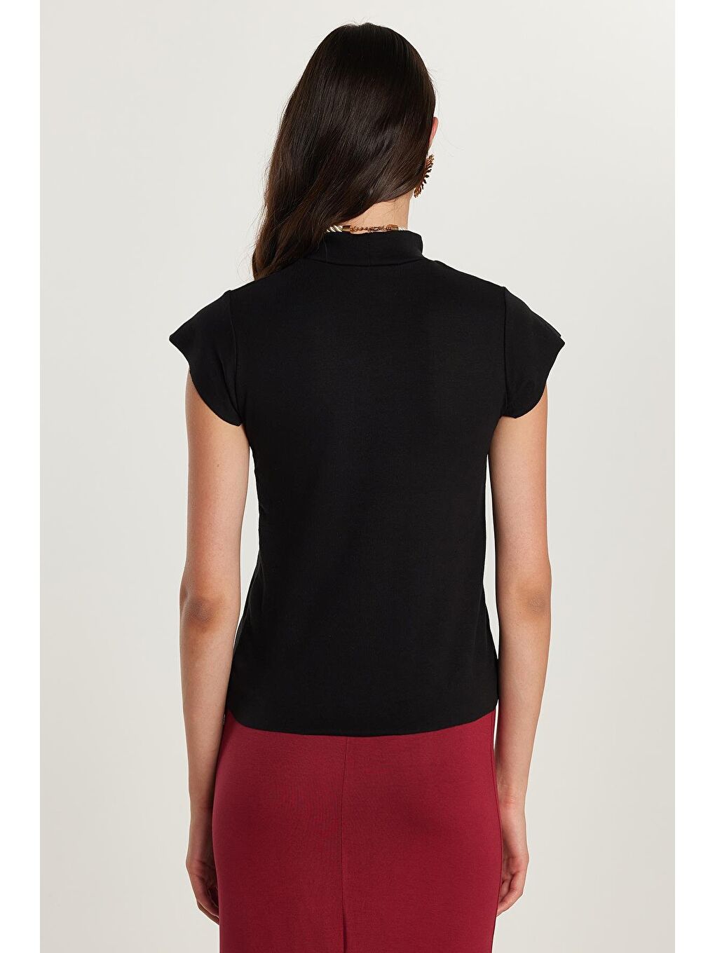 Kadın Modal Kumaş Standart Fit Dik Yaka Siyah Bluz-4