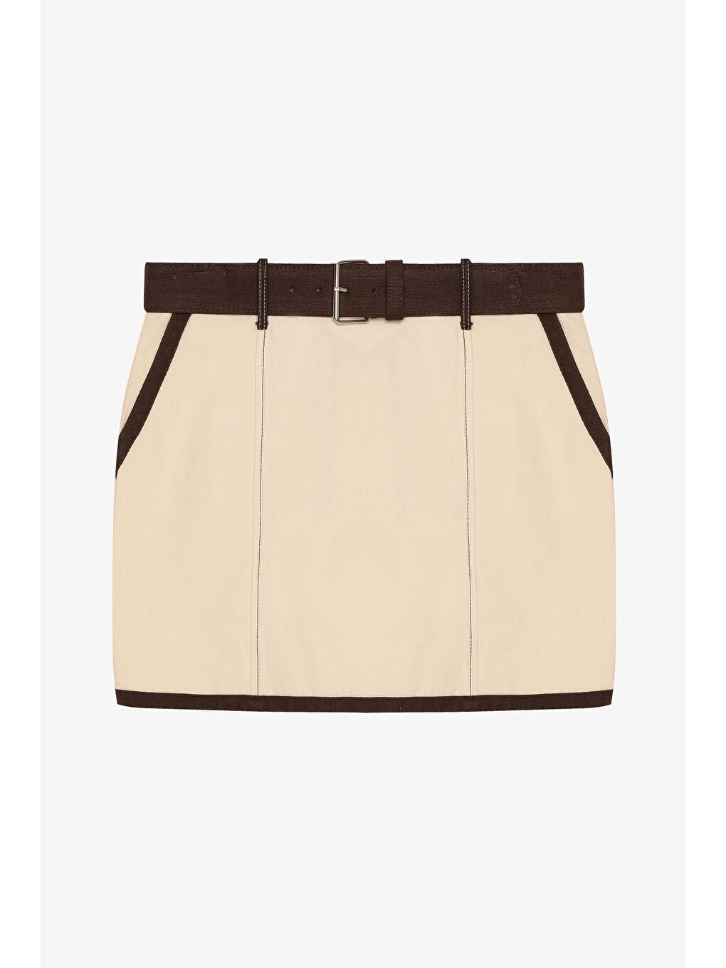 Kontrast Dikiş Detaylı Kemerli Mini Etek Bej