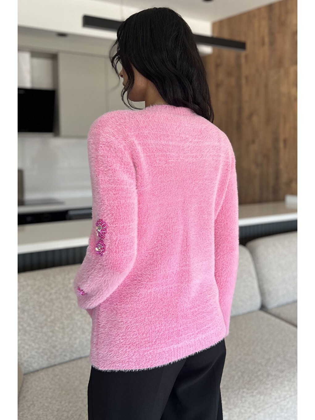 Pembe Kadın Pul İşlemeli Yumoş İplik Triko Ceket-4