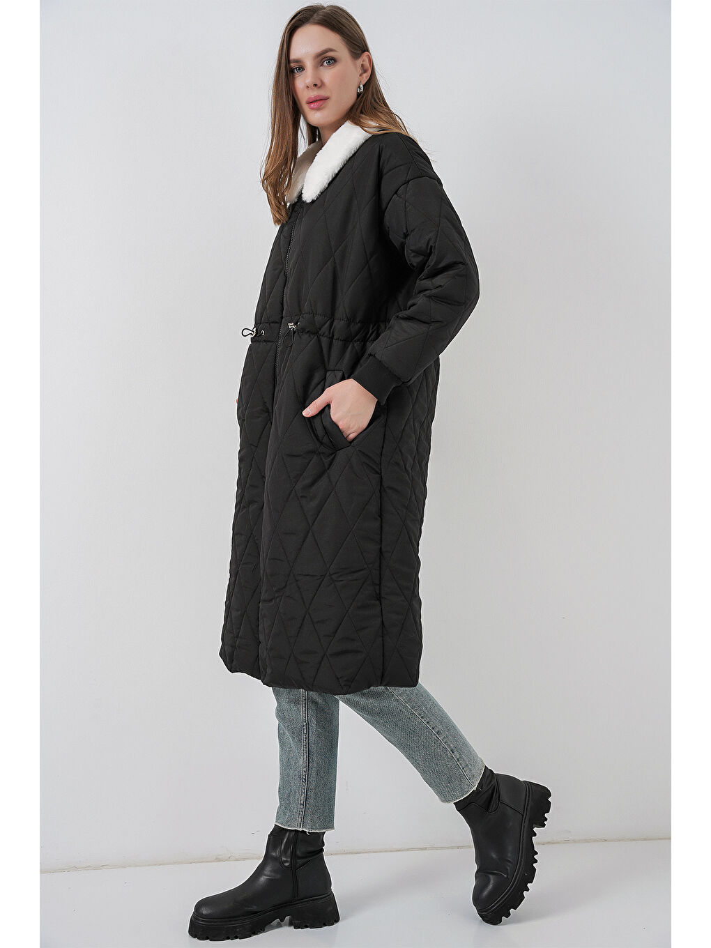 Kadın Kapitone Uzun Şişme Mont 5221 - Siyah-1