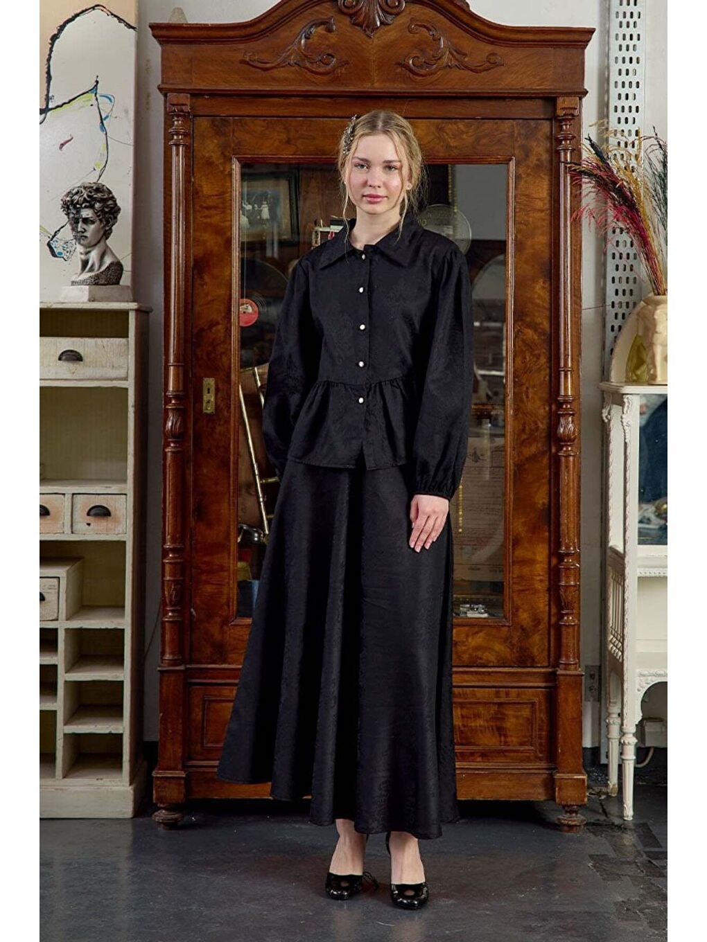 Siyah Jakarlı Gömlek Etek Takım-3