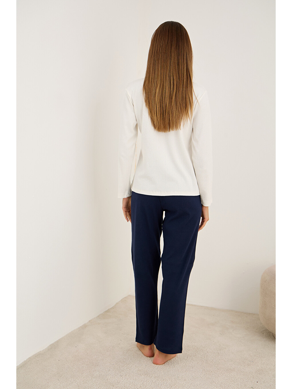 Lacivert Kalp Nakışlı Pamuklu Fitilli Kaşkorse Örme Pijama Takım25226013-2