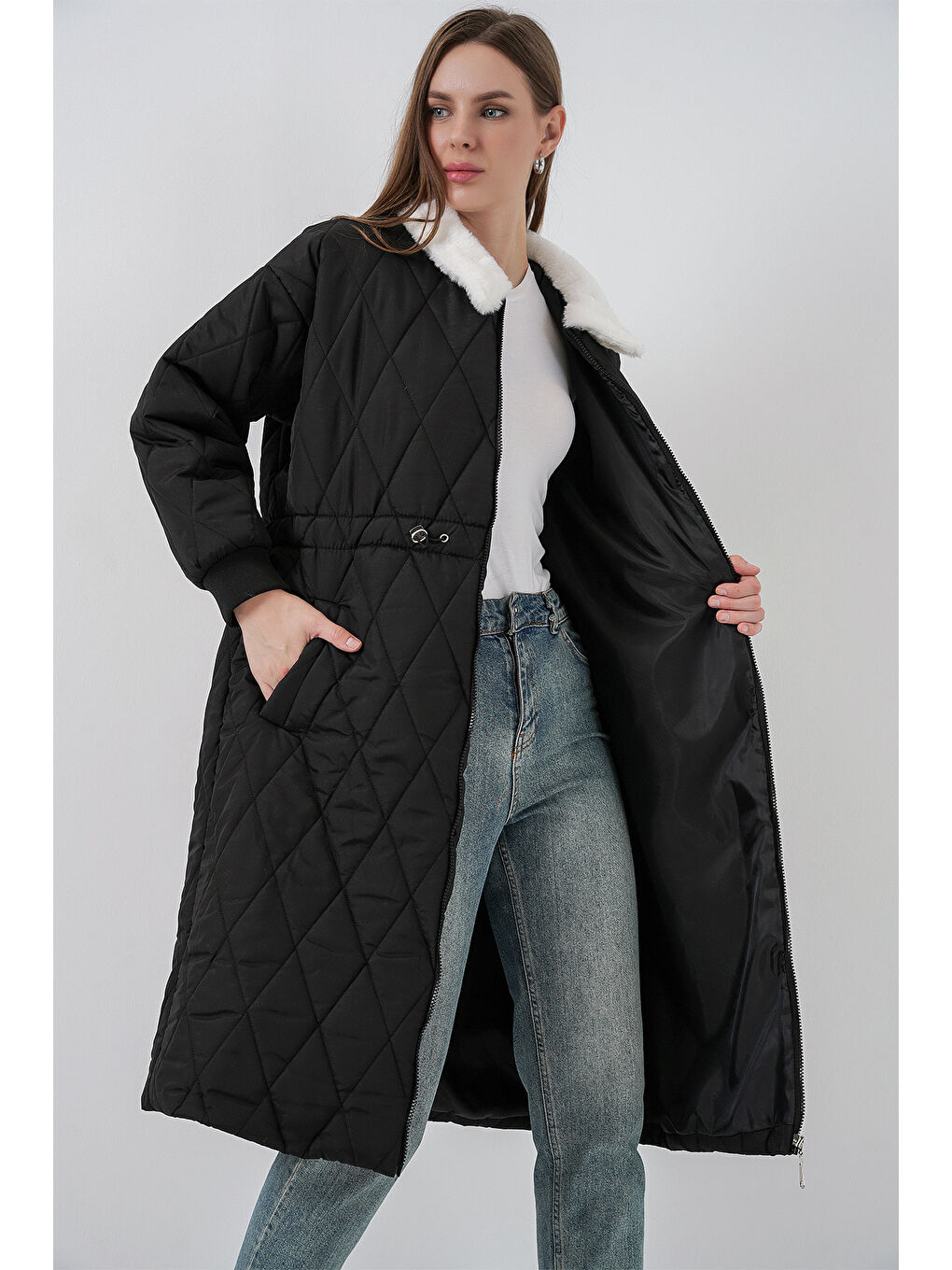 Kadın Kapitone Uzun Şişme Mont 5221 - Siyah-2