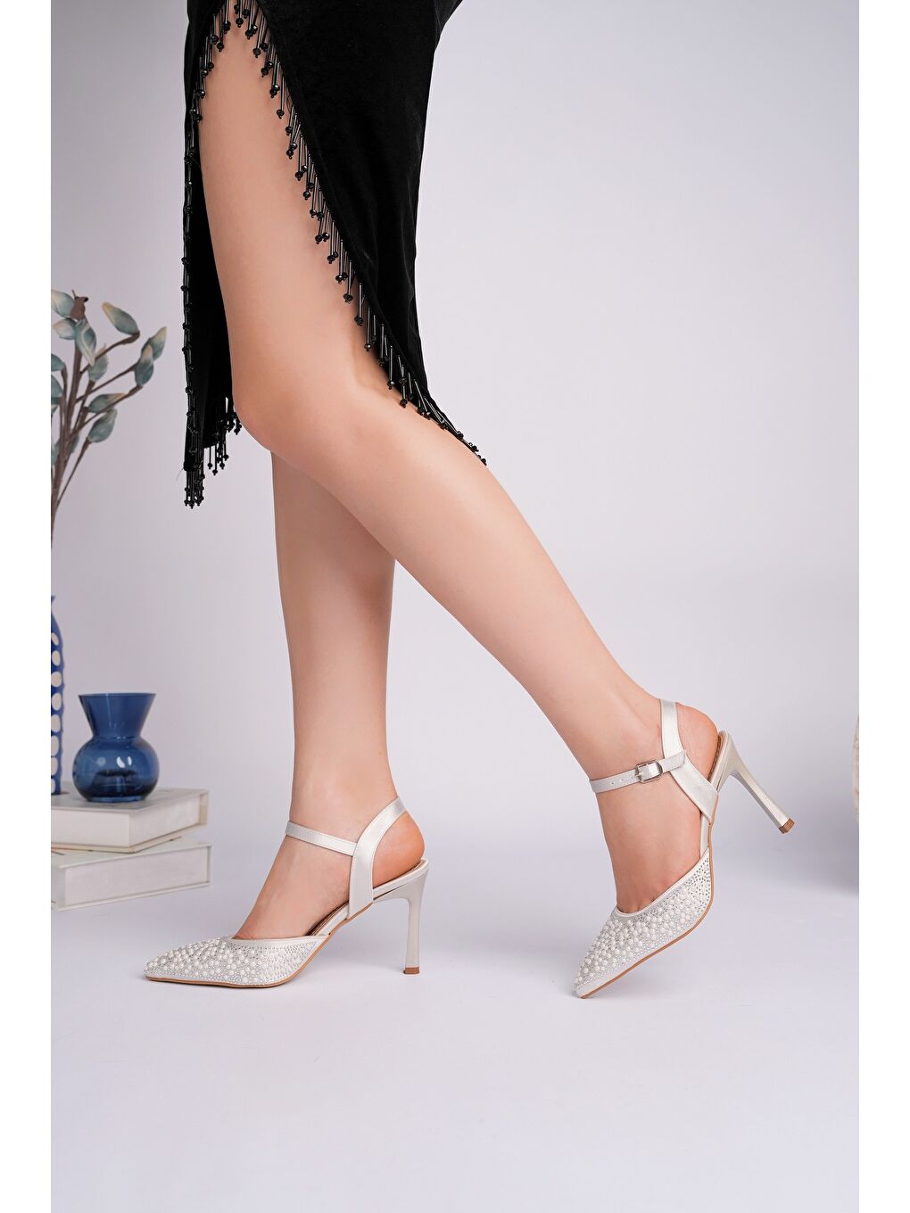 Gri CLUJ İnci Taş İşlemeli Sivri Burun Bilekten Bantlı Kadın Abiye Topuklu Ayakkabı-5
