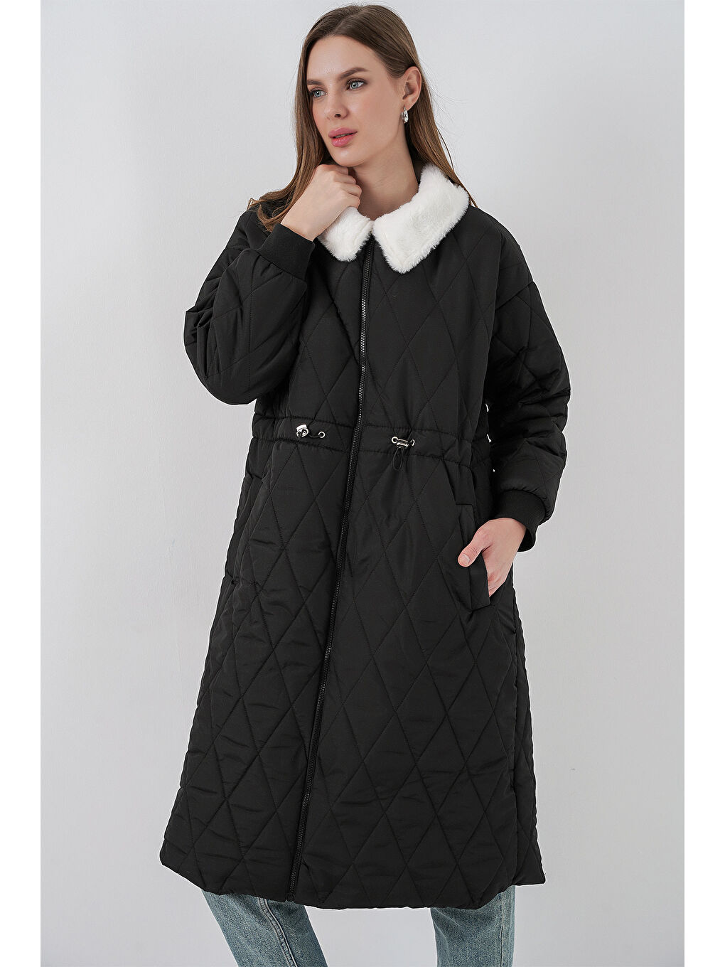 Kadın Kapitone Uzun Şişme Mont 5221 - Siyah-3