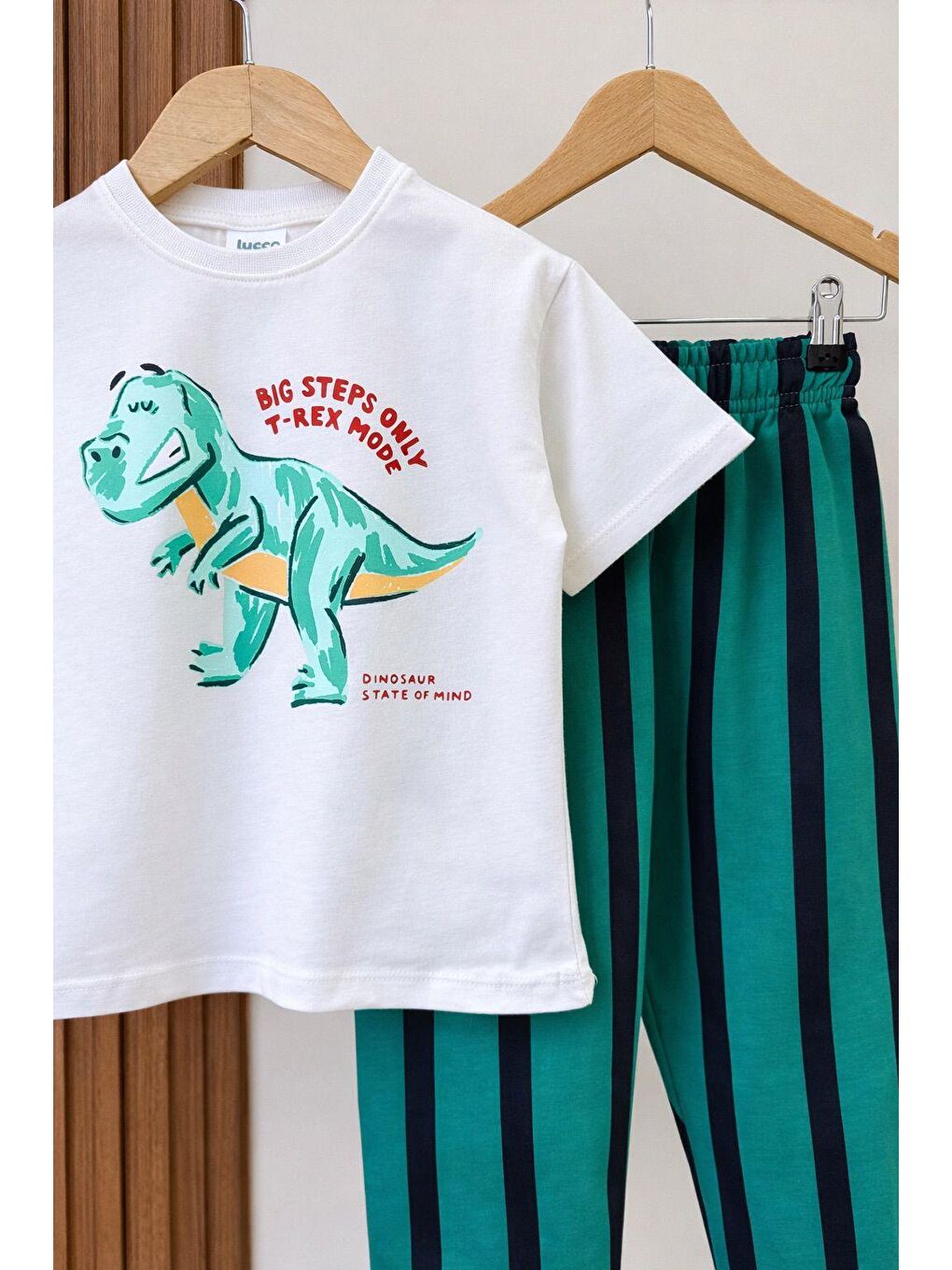 Karışık Erkek Çocuk Pamuklu Beyaz Baskılı T-Shirt Ve Yeşil Çizgili Pantolon Takım-7