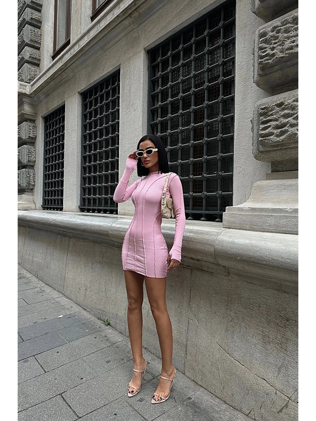 Kadın Pembe Ters Dikiş Elbise 1026-0026-6