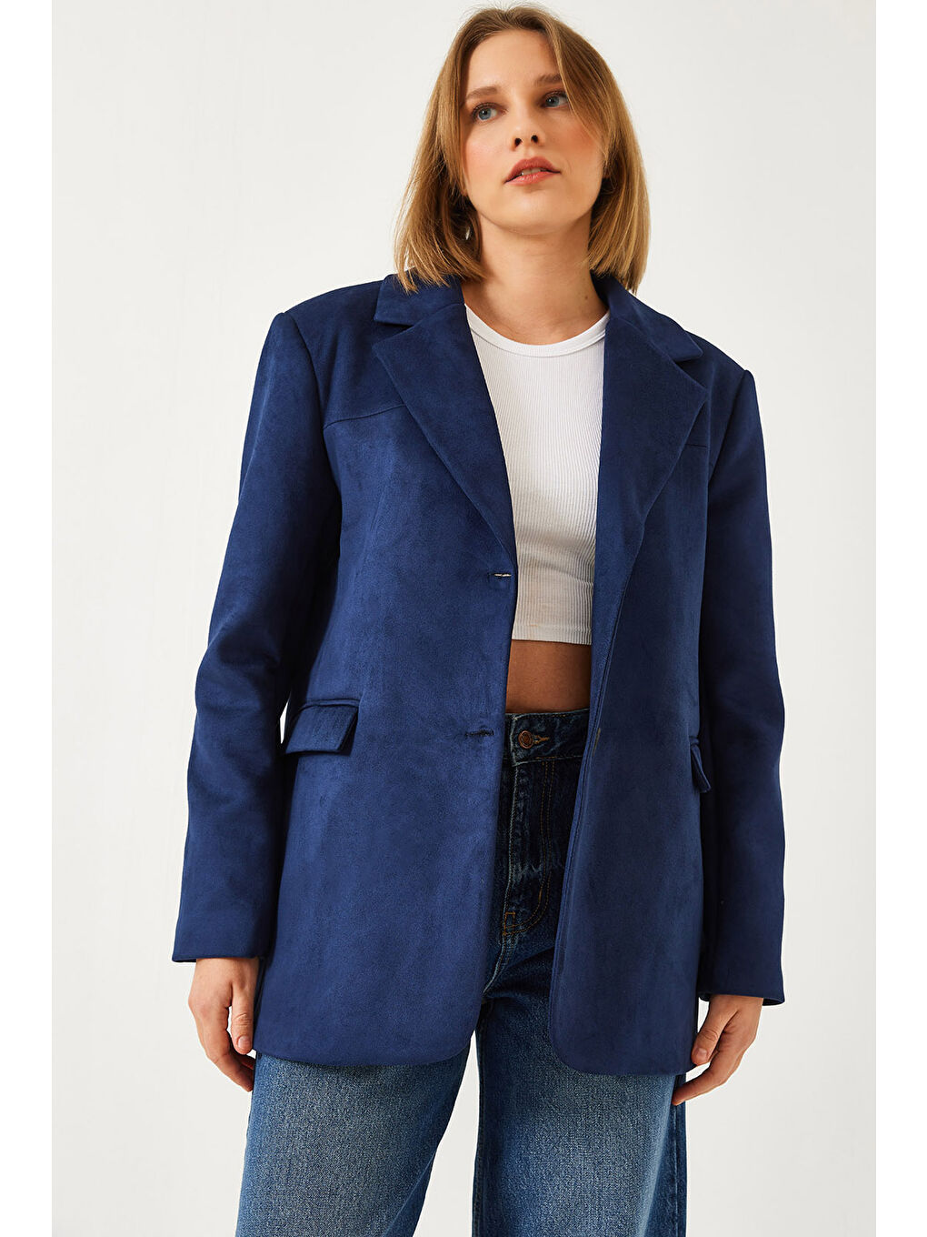 Lacivert Kadın İki Düğmeli Süet Ceket