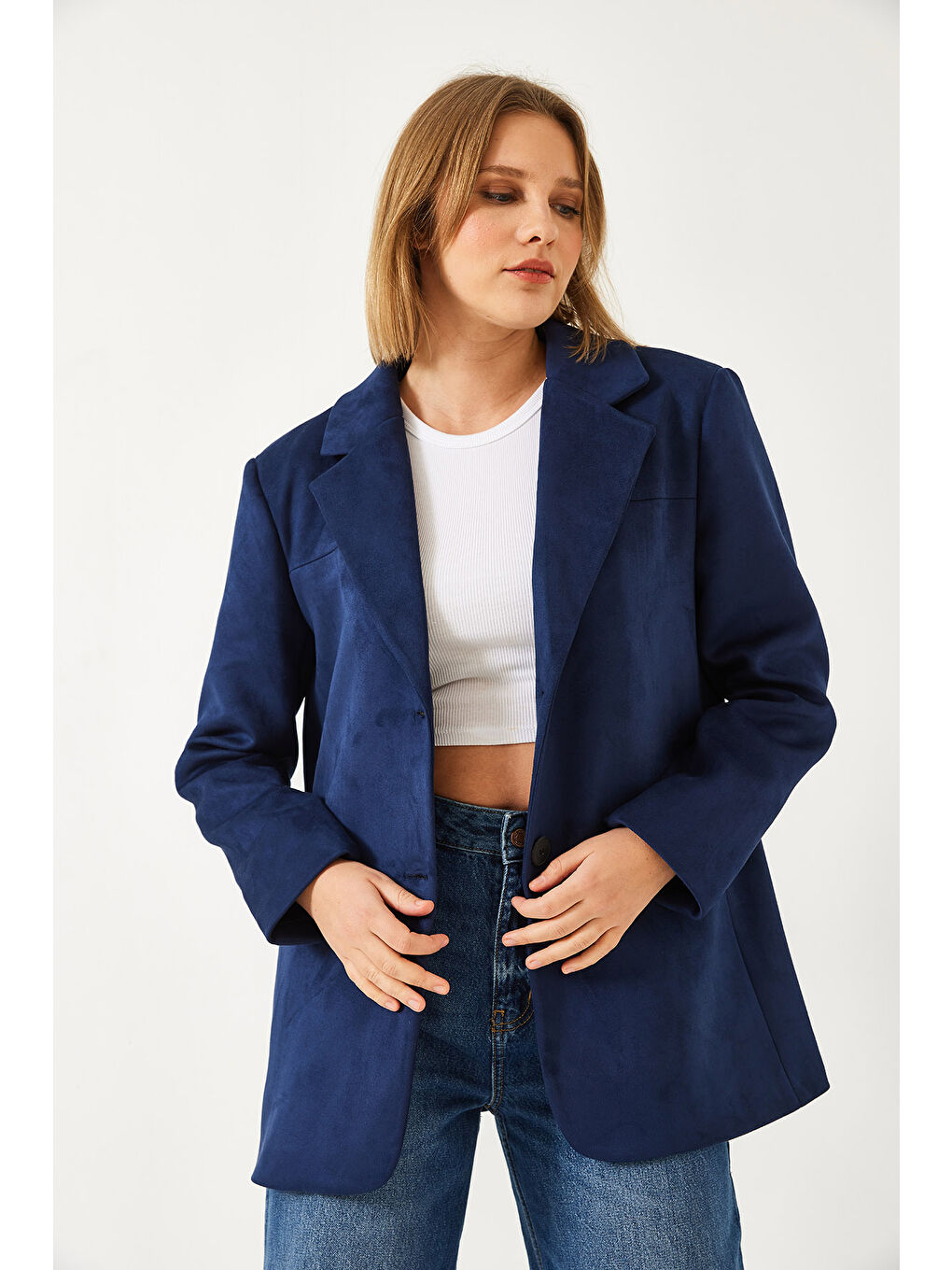 Lacivert Kadın İki Düğmeli Süet Ceket-1
