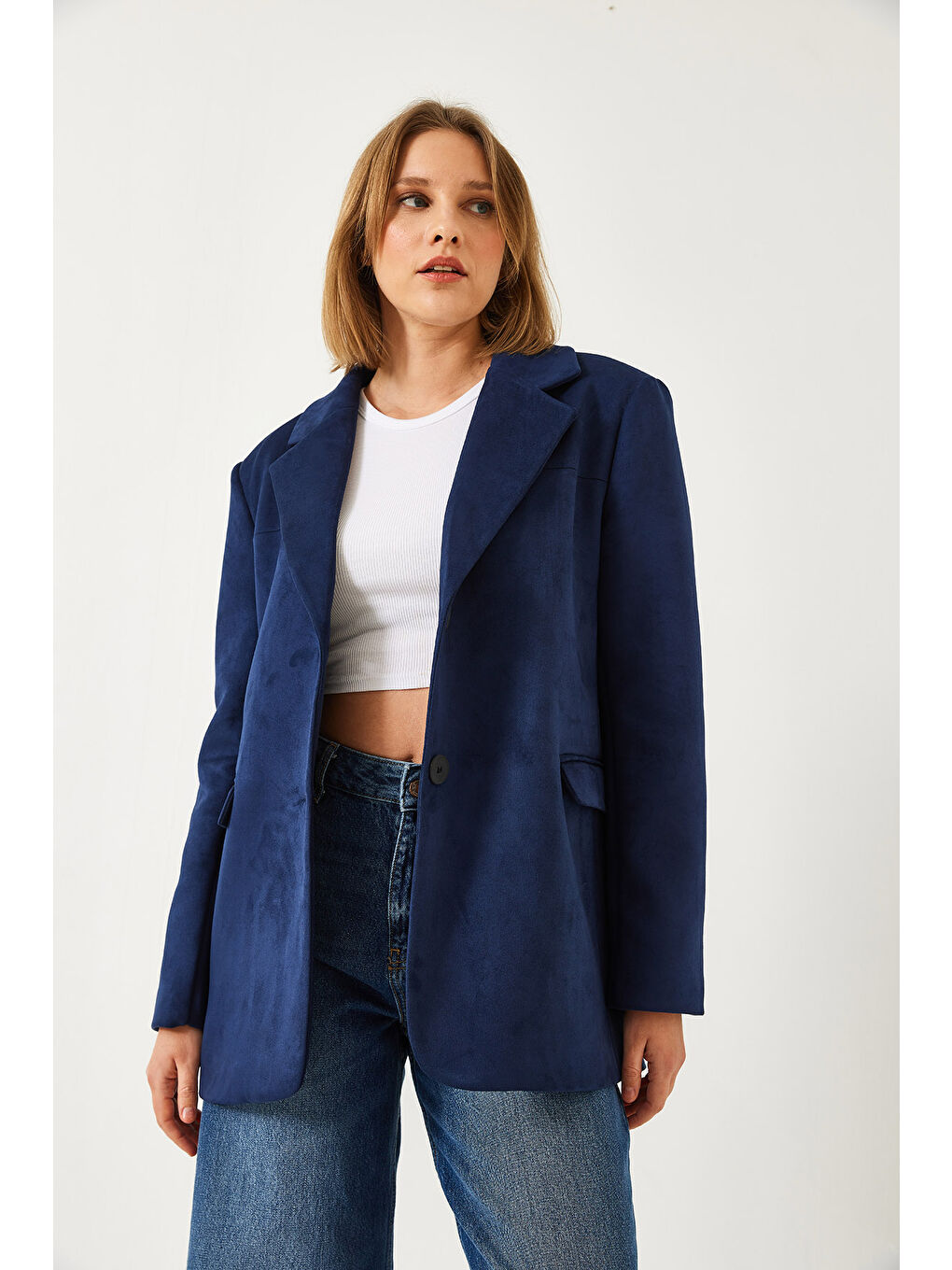 Lacivert Kadın İki Düğmeli Süet Ceket-2