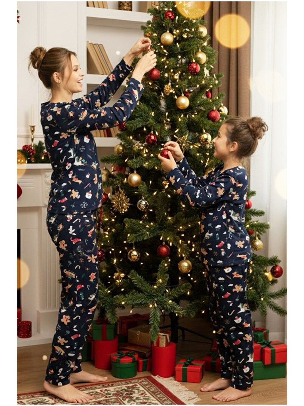 Lacivert Kurabiye Yılbaşı Desenli Pamuklu Bisiklet Yaka Örme Pijama Takım 25241140-1