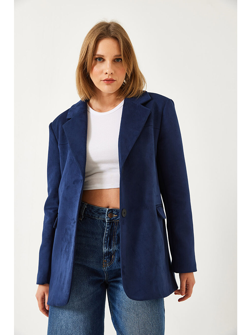 Lacivert Kadın İki Düğmeli Süet Ceket-3