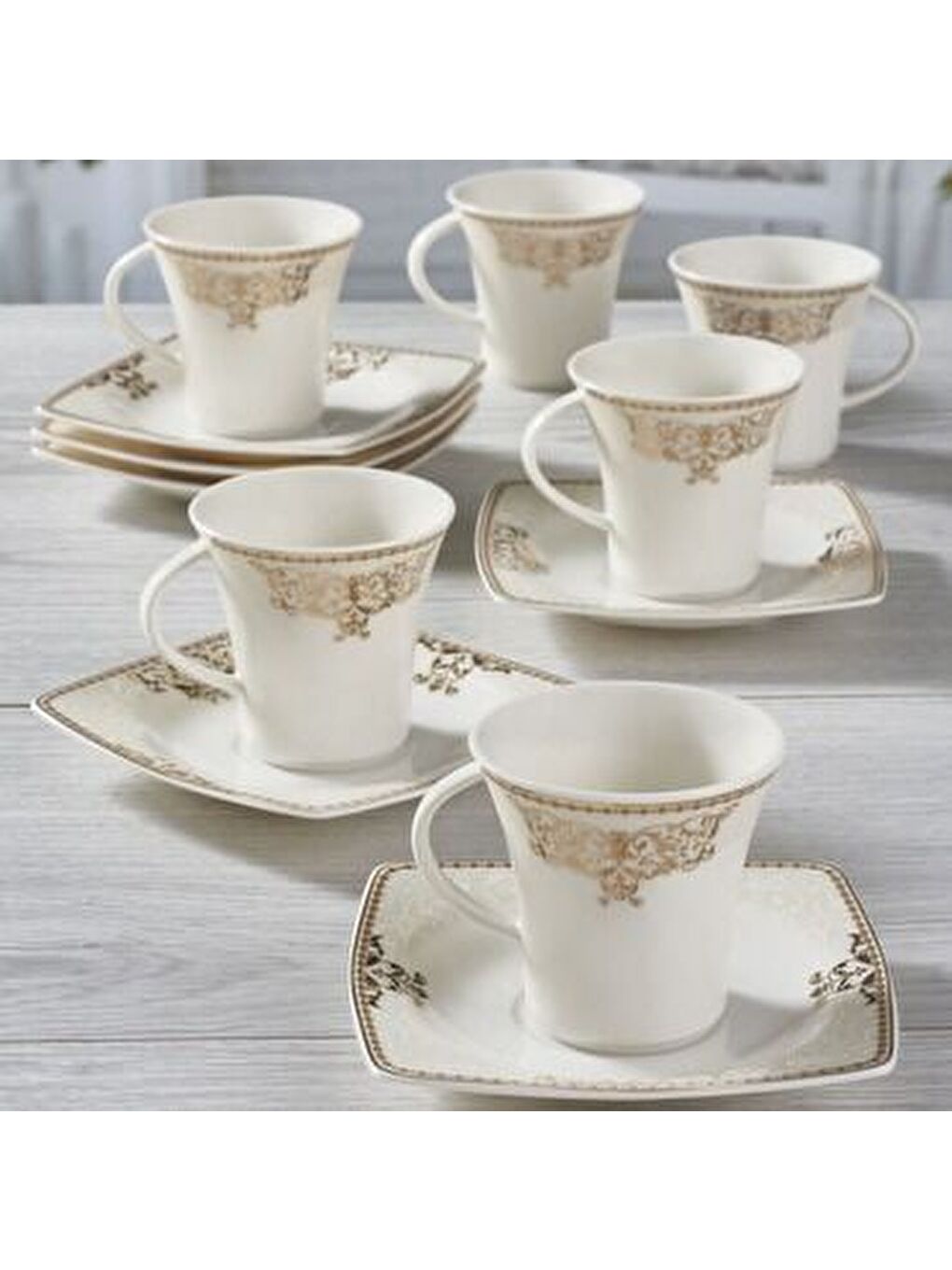 Ekru Caroline 12 Parça 6 Kişilik Bone Türk Kahvesi Takımı - 5686-1