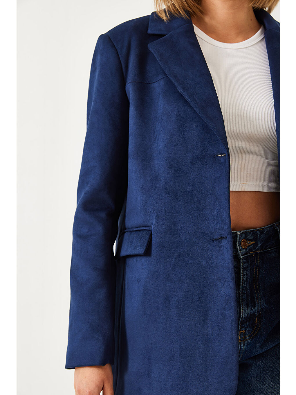 Lacivert Kadın İki Düğmeli Süet Ceket-4