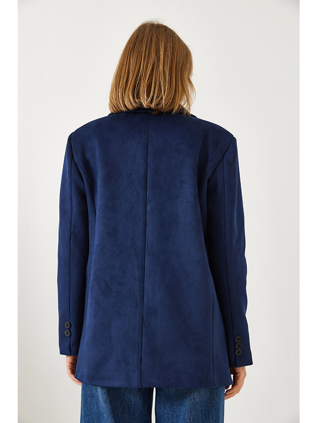 Lacivert Kadın İki Düğmeli Süet Ceket-5