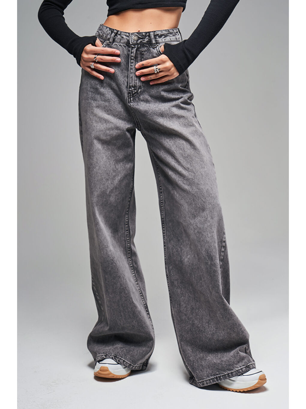 Kadın Gri Füme Renk 4w414  100 Pamuk Wide Leg Palazzo Fit Denim