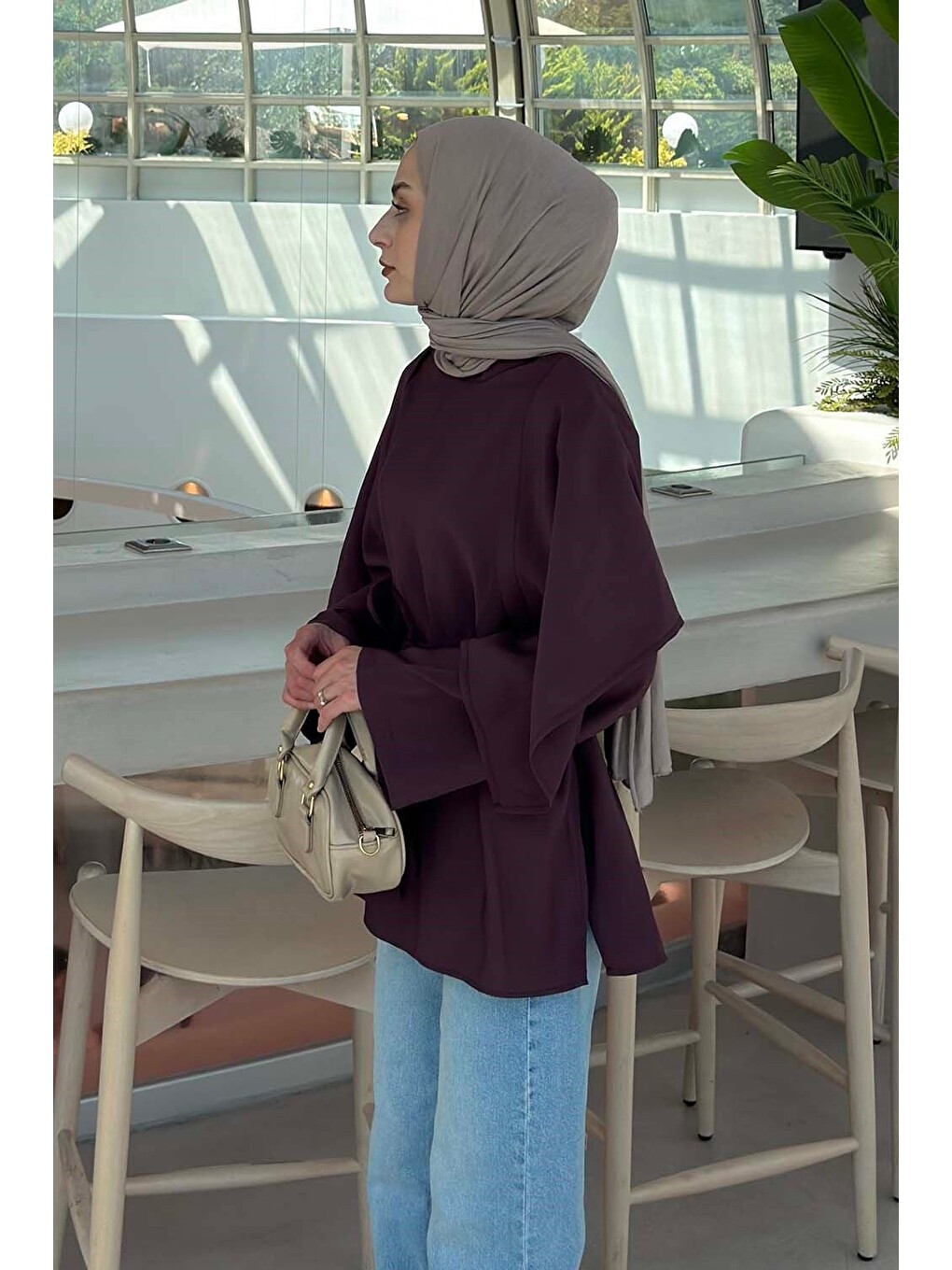 Pelerin Detaylı Oversize Tunik Mürdüm-1