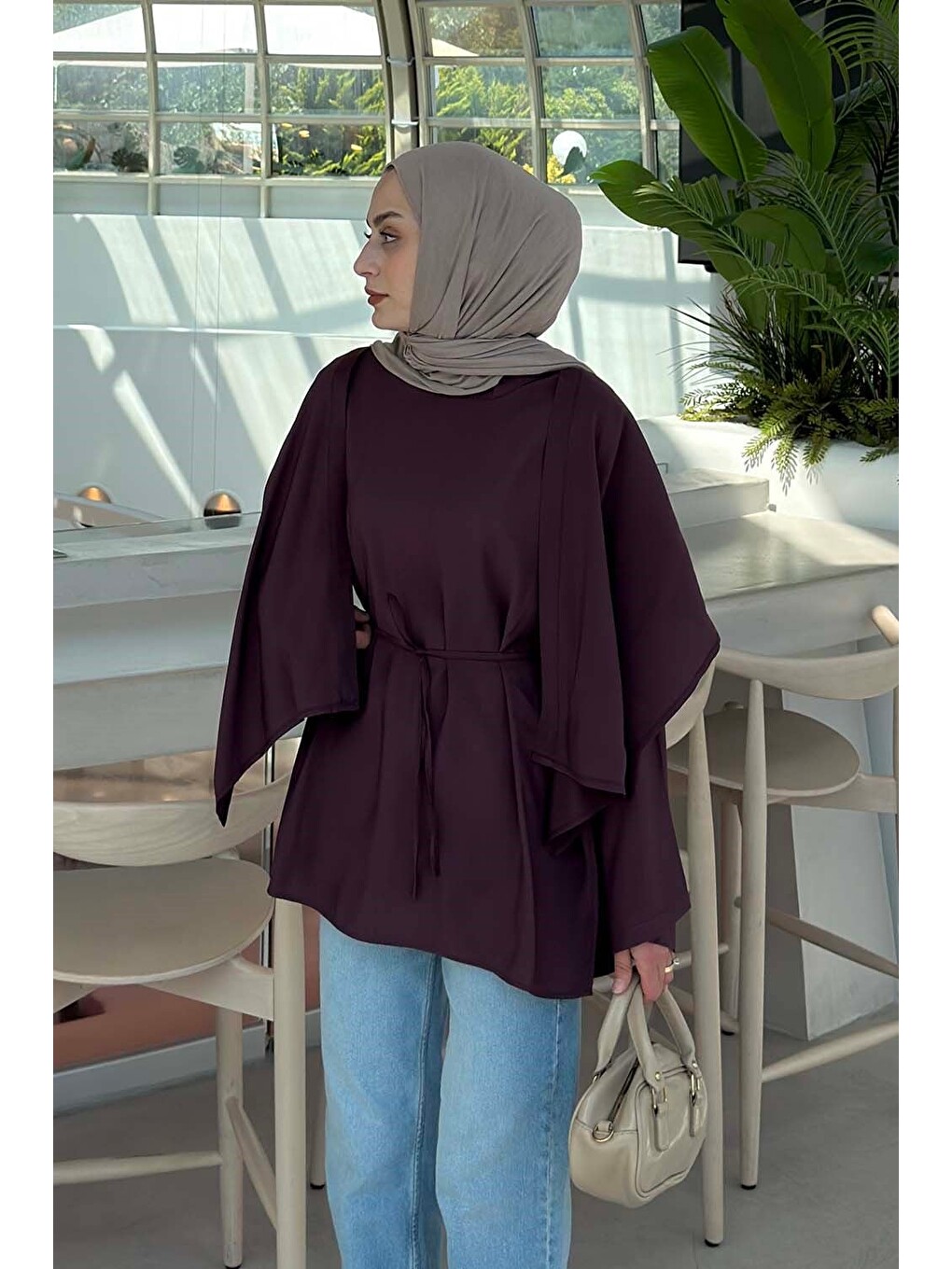Pelerin Detaylı Oversize Tunik Mürdüm-2