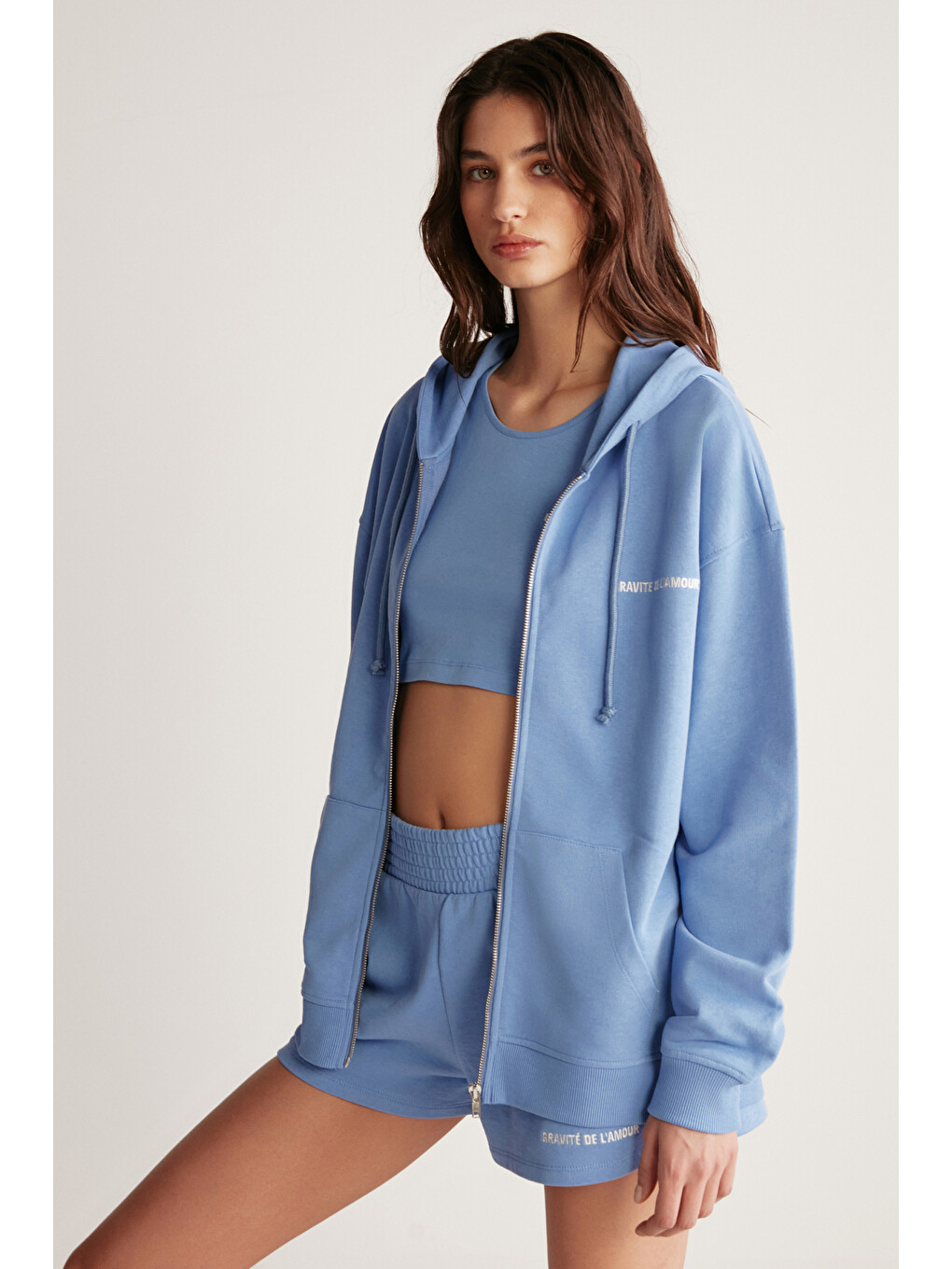 Mavi Ametıs Kadın Oversize Organik Pamuklu Metal Fermuarlı Kapüşonlu MAVİ Sweatshirt-1