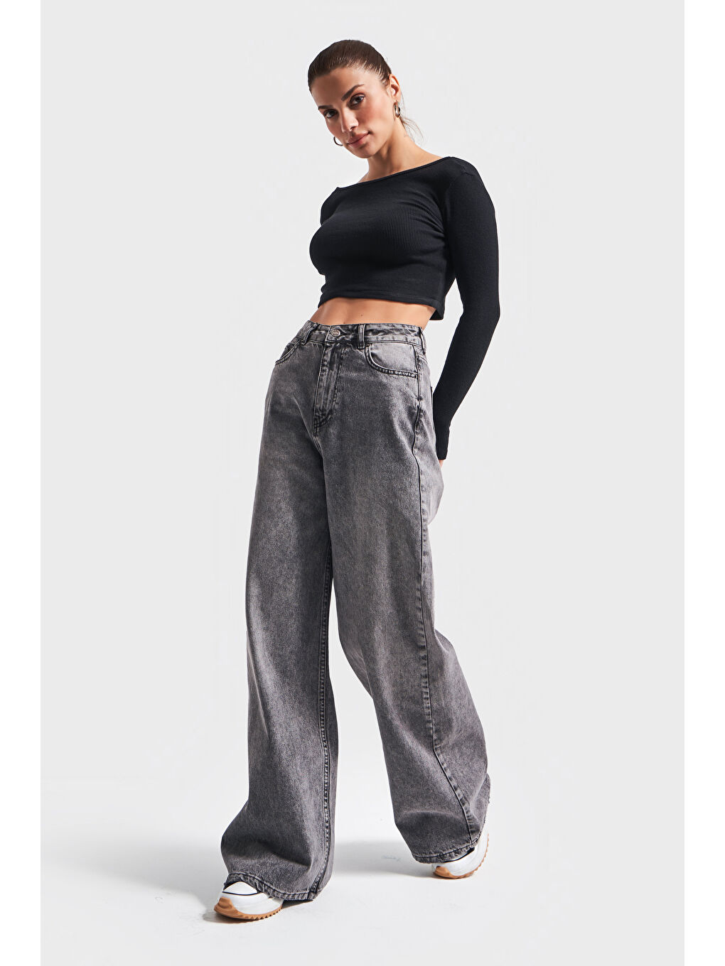 Kadın Gri Füme Renk 4w414  100 Pamuk Wide Leg Palazzo Fit Denim-1