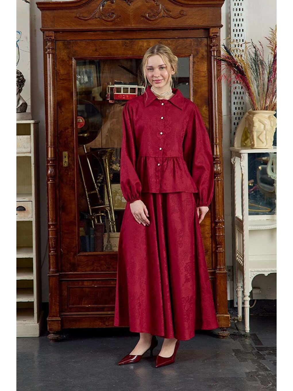 Bordo Jakarlı Gömlek Etek Takım-1