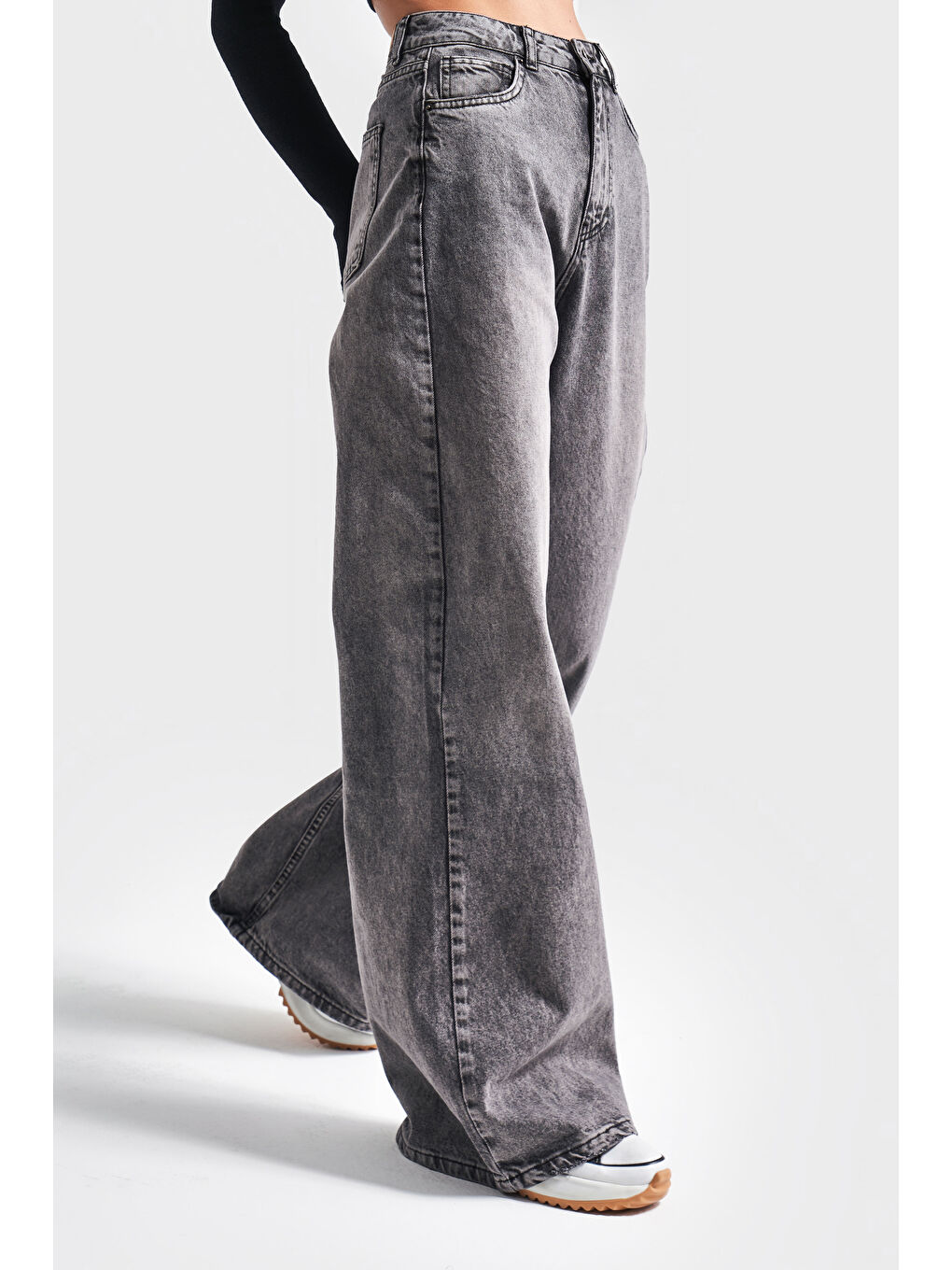 Kadın Gri Füme Renk 4w414  100 Pamuk Wide Leg Palazzo Fit Denim-2