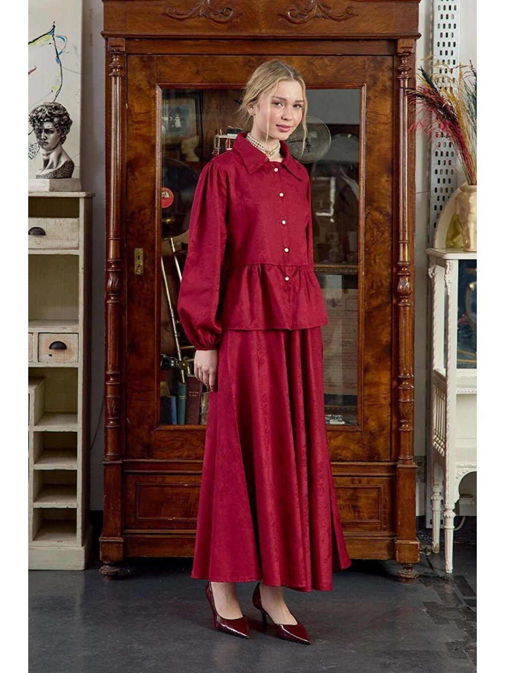 Bordo Jakarlı Gömlek Etek Takım-2