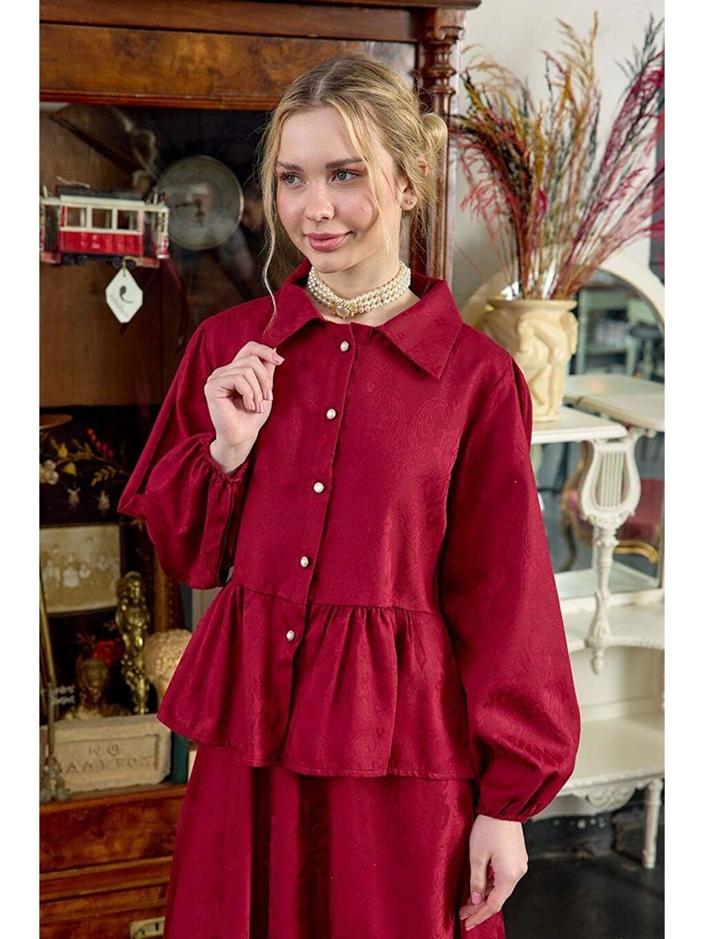 Bordo Jakarlı Gömlek Etek Takım-3