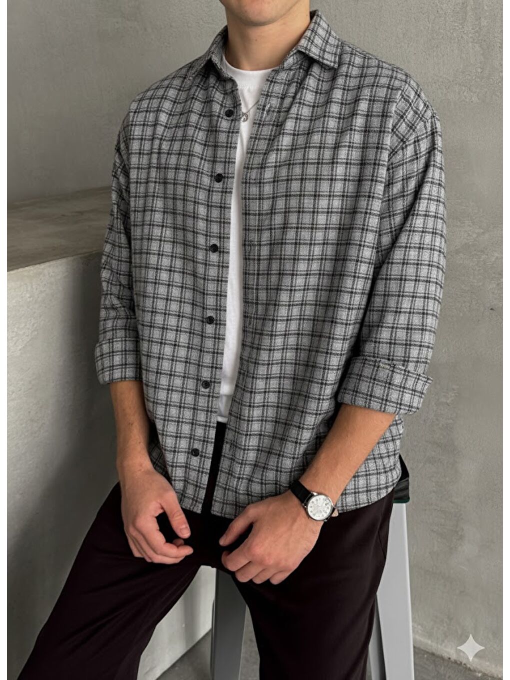 Gri Erkek Oversize Kesim Kareli Gömlek-1